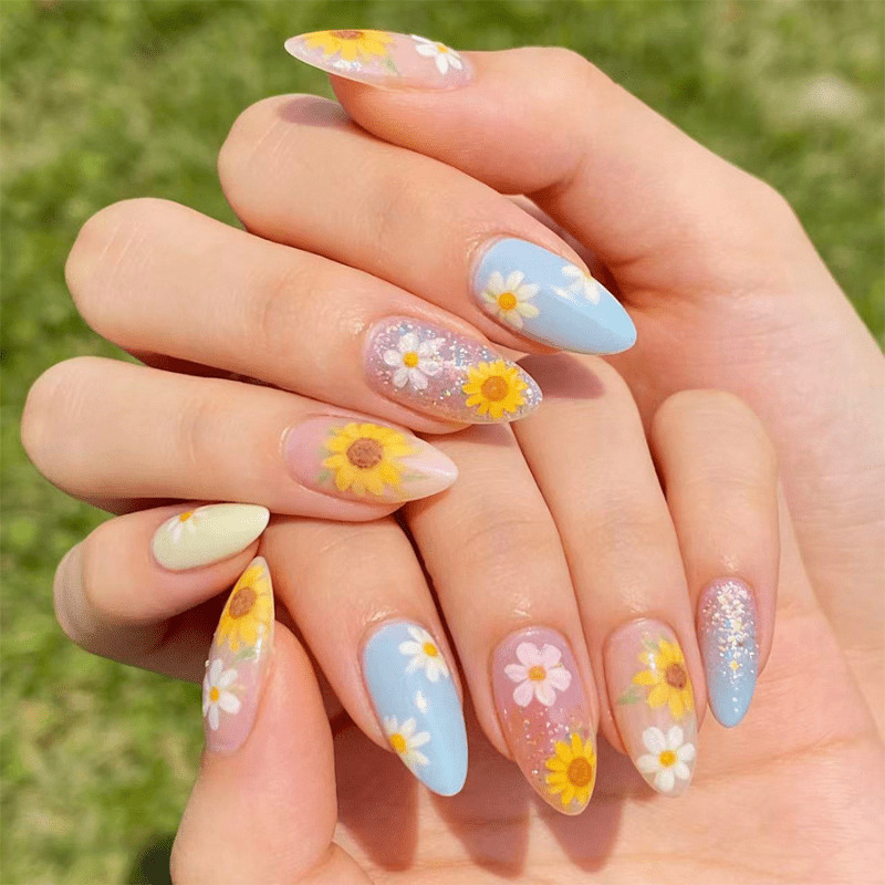 48Pcs-Medium Almond Baby Blue Pink Nude Gradient Sunflower Press on Nails