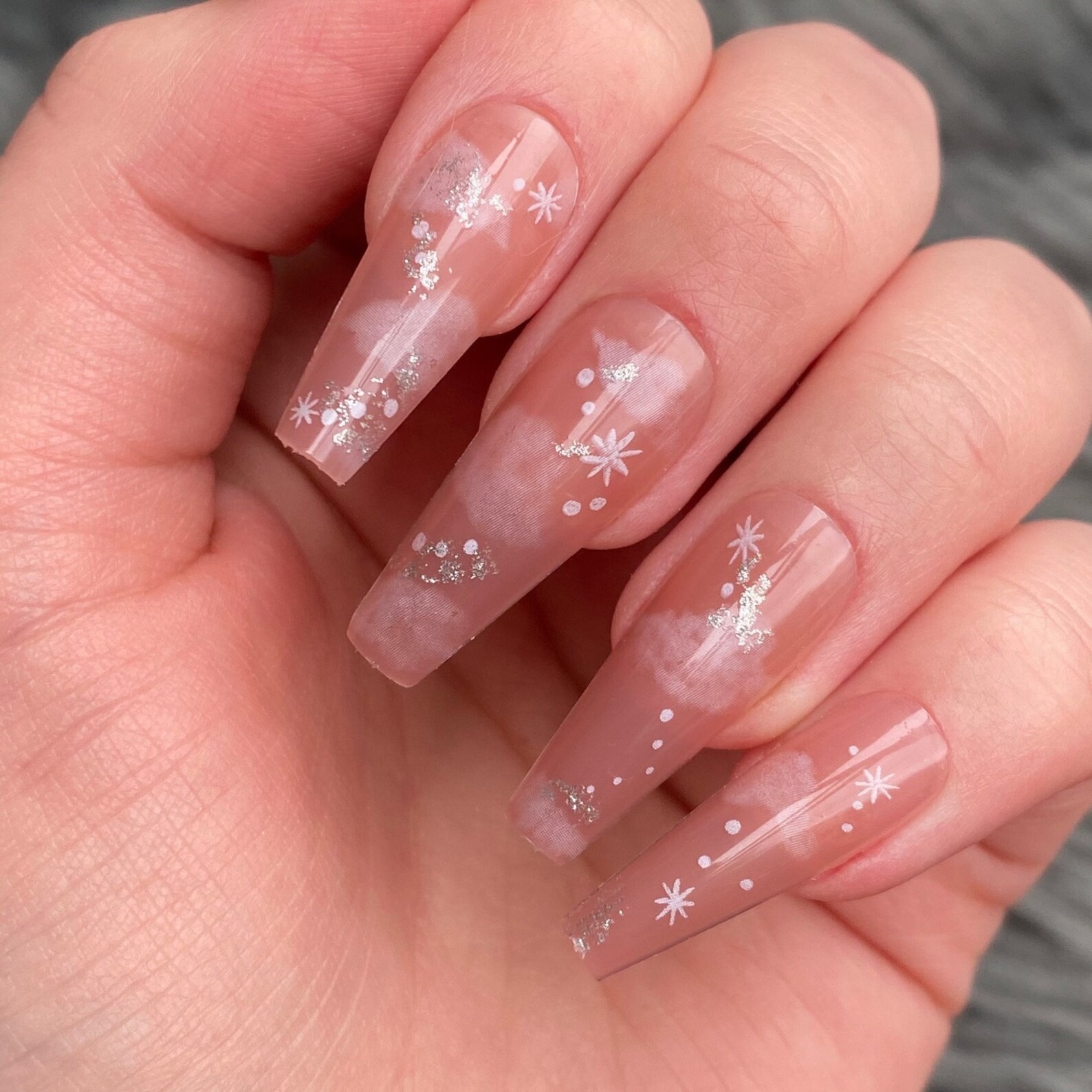 Nude Long Coffin Cloud Pink Dreamy Press On Nails 24pcs All Sizes Fake Nails NEW