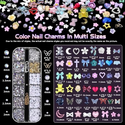 3D Nail Charms Set, Color Flower Bow Moon Heart Star Nail Art Charms, Half