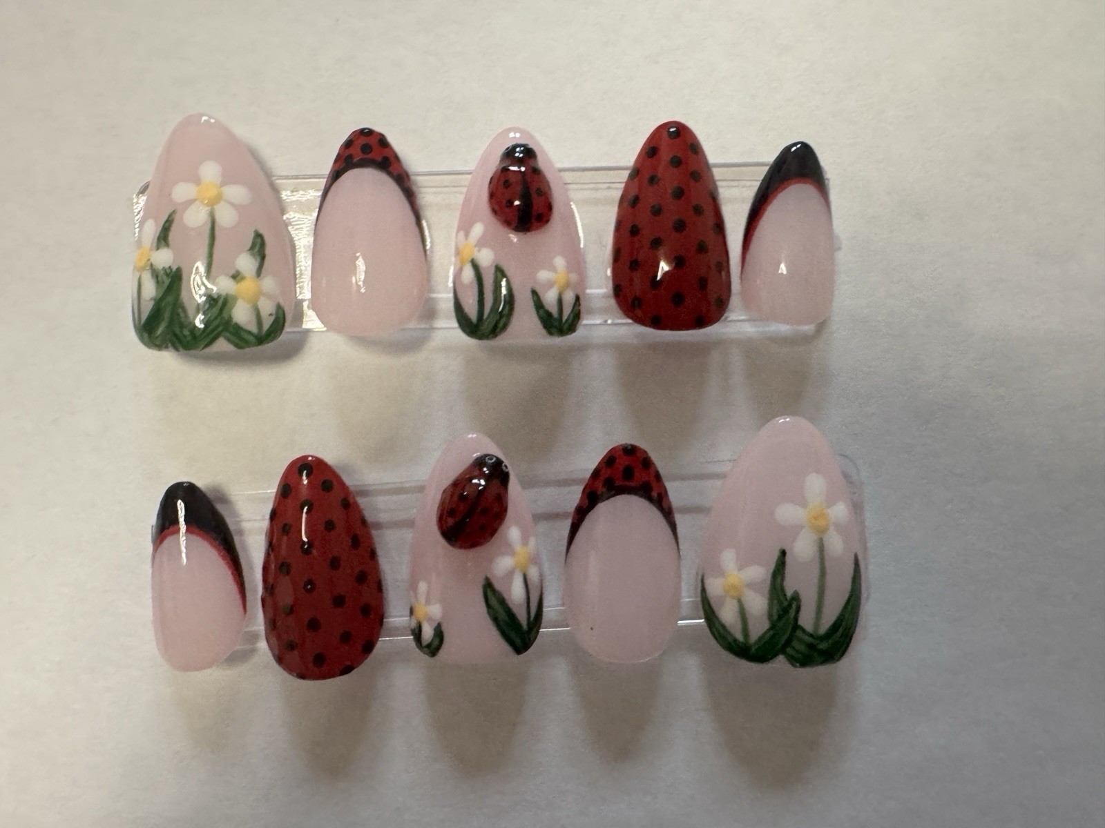 Ladybug Flower 3D Almond Press-On Nails Set Red Pink Green Full Cover