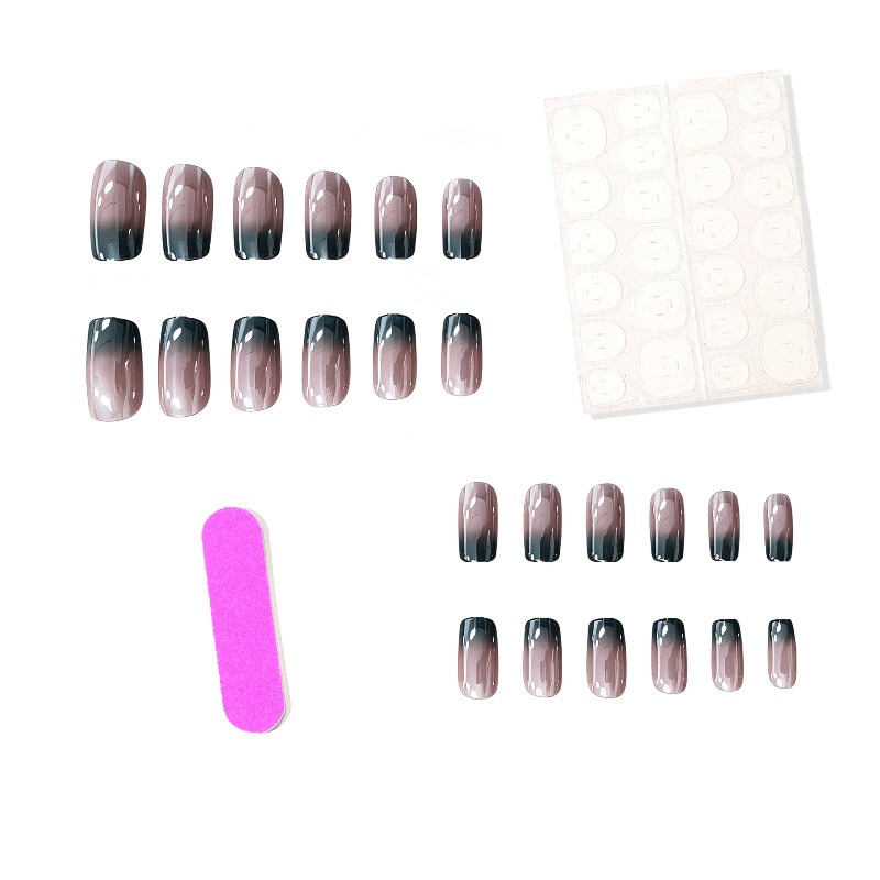 48Pcs Coffin Press on Nails, Nude Gray Gradient Nails with Metallic Edge Design