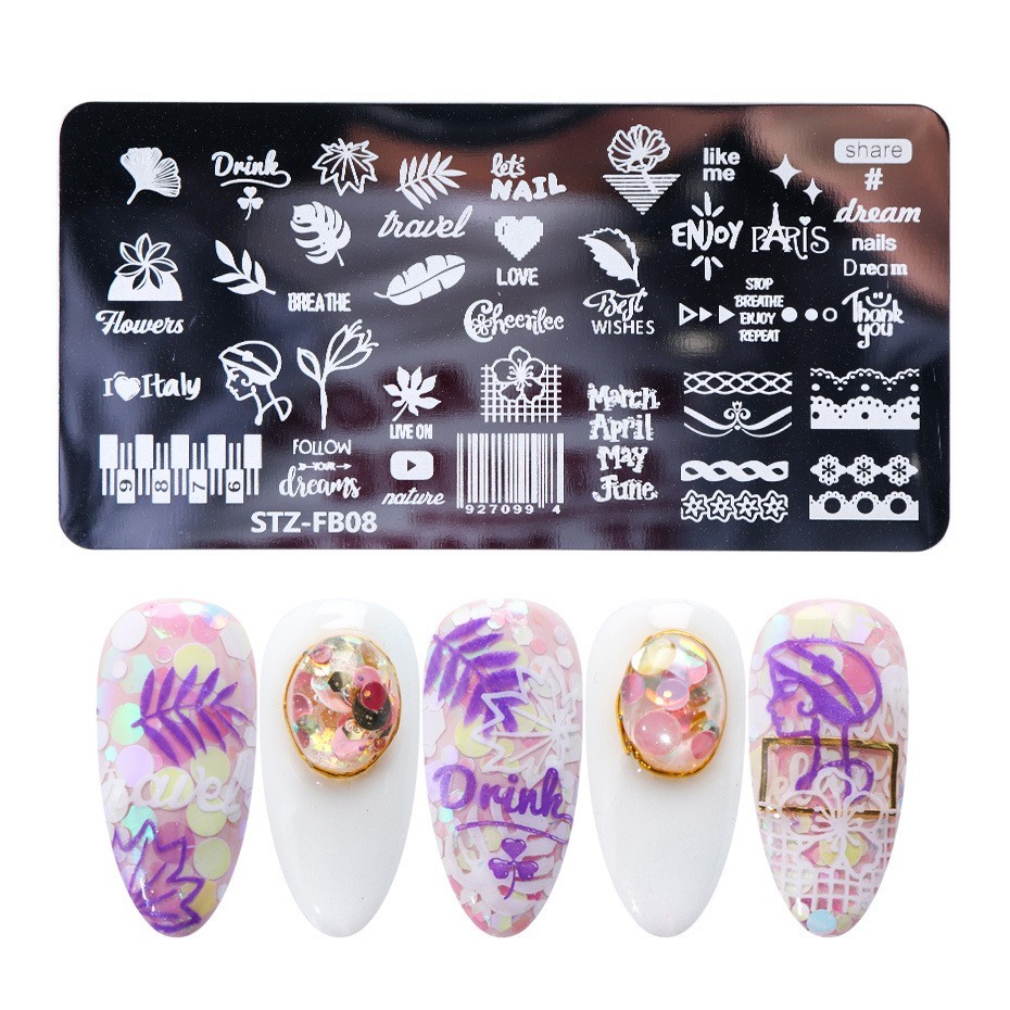 Lace Barcode Plaid Leaf Metal Nail Stamping Plates English Words Paris Italy