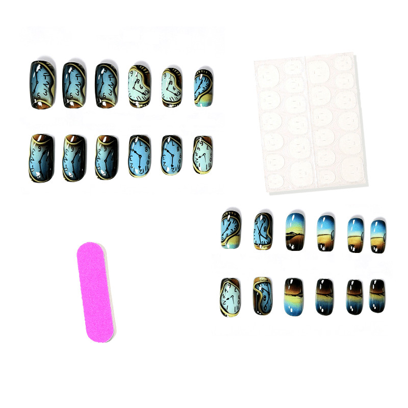 48 Pcs Surreal Clock Landscape Coffin Press on Nails, Art Unique Fake Nails