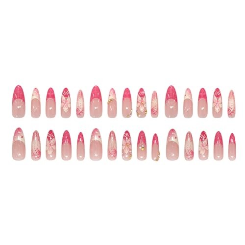 30Pcs Flower Press on Nails Long Almond French Tip Fake Flower French Nails 12