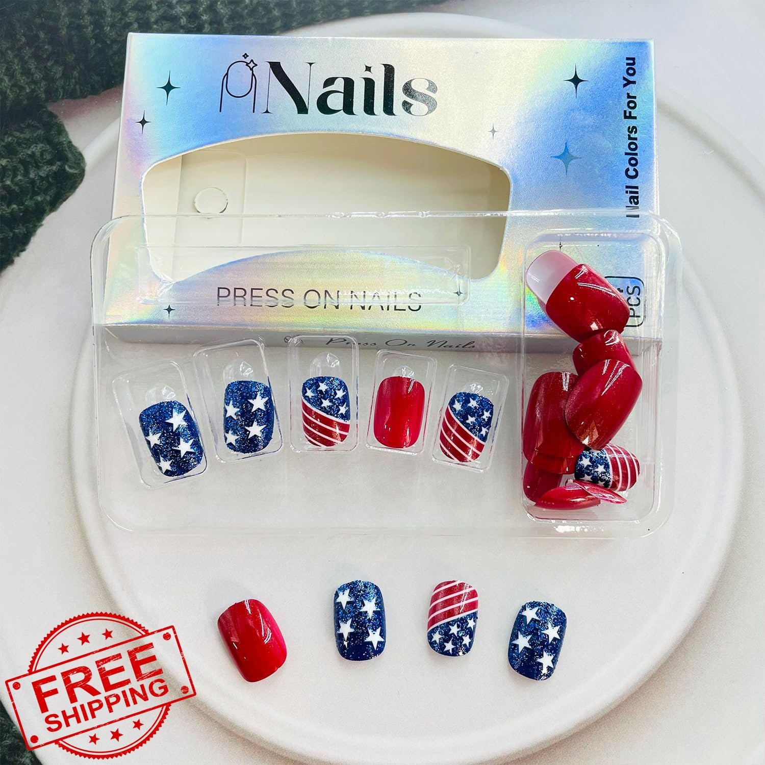 4th of July Press on Nails Flag Red Blue White
