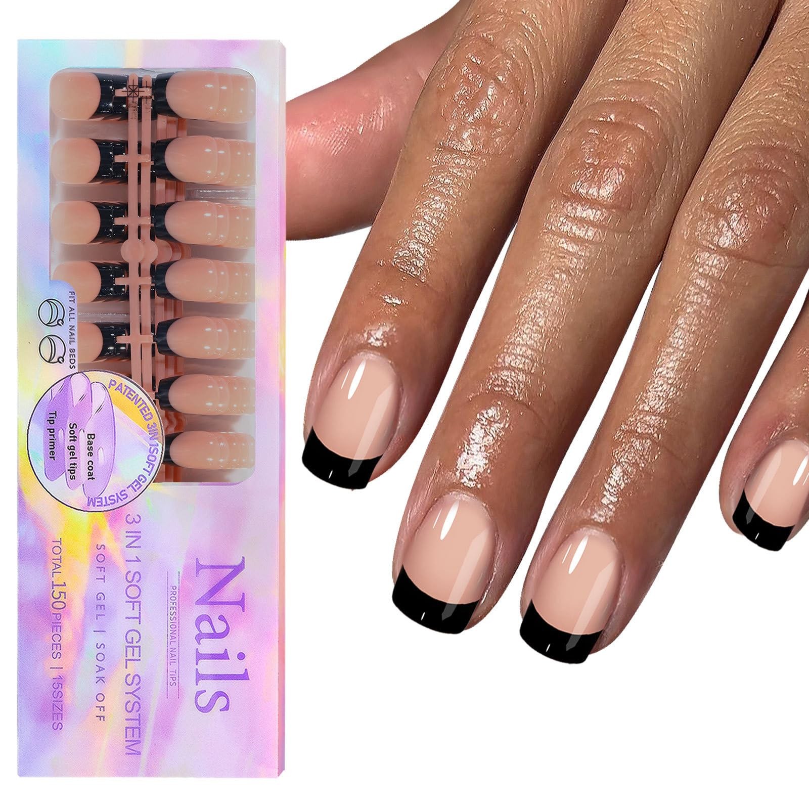 150 Pcs Black French Tip Press on Nails Short Square Fake Nails 3 IN 1 Soft T…