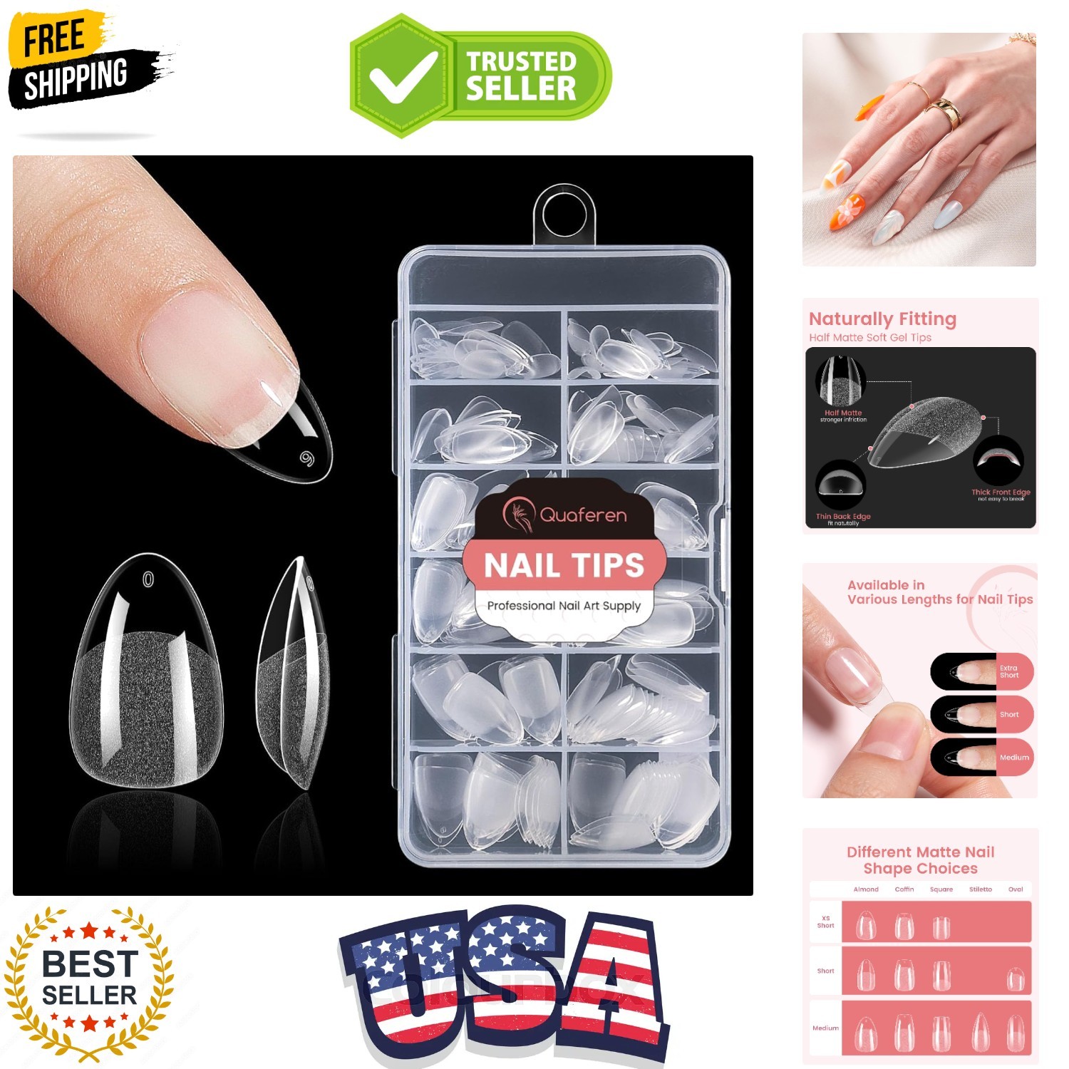 Almond Nail Tips Short: 240pcs Pre-shape Acrylic Fake Nails Tips Almond Shape…