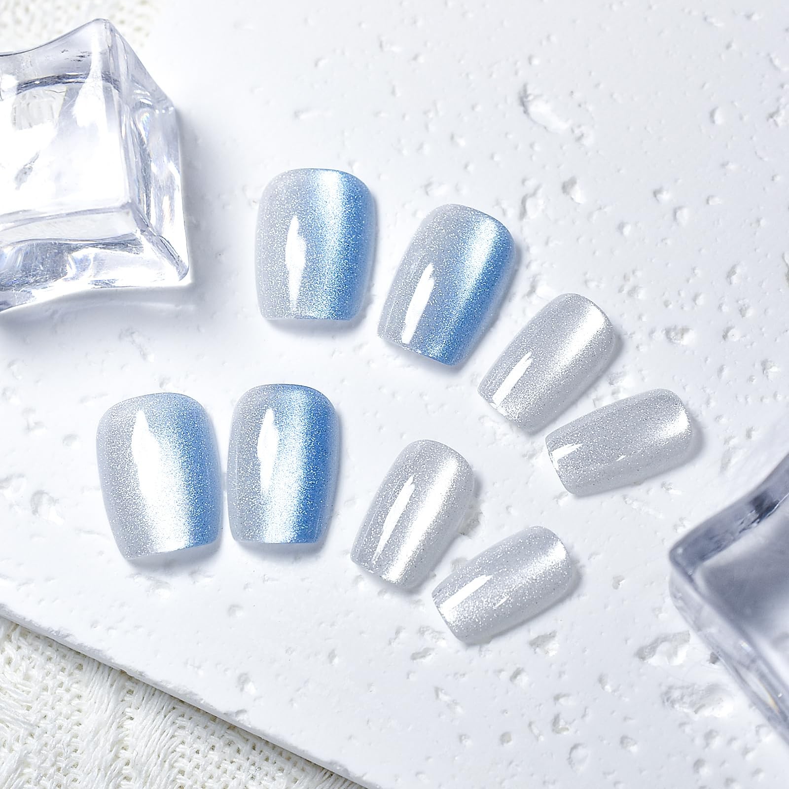 30pcs Glossy Ombre Blue Press On Nails Cat Eye Salon Manicure Medium Coffin S…