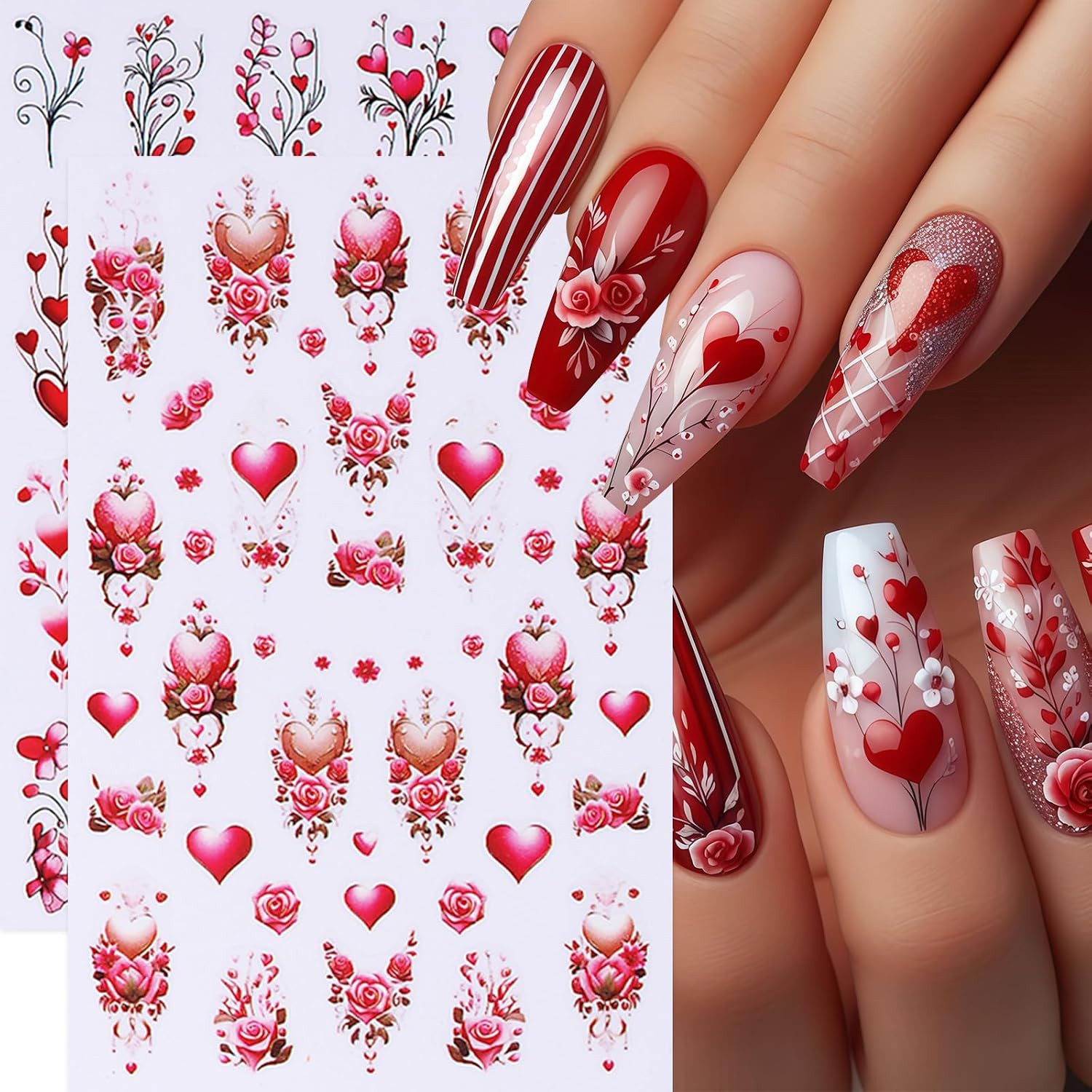 6 Pcs Valentines Day Nail Art Stickers Decals 3D Self-Adhesive Red Rose Love Flo