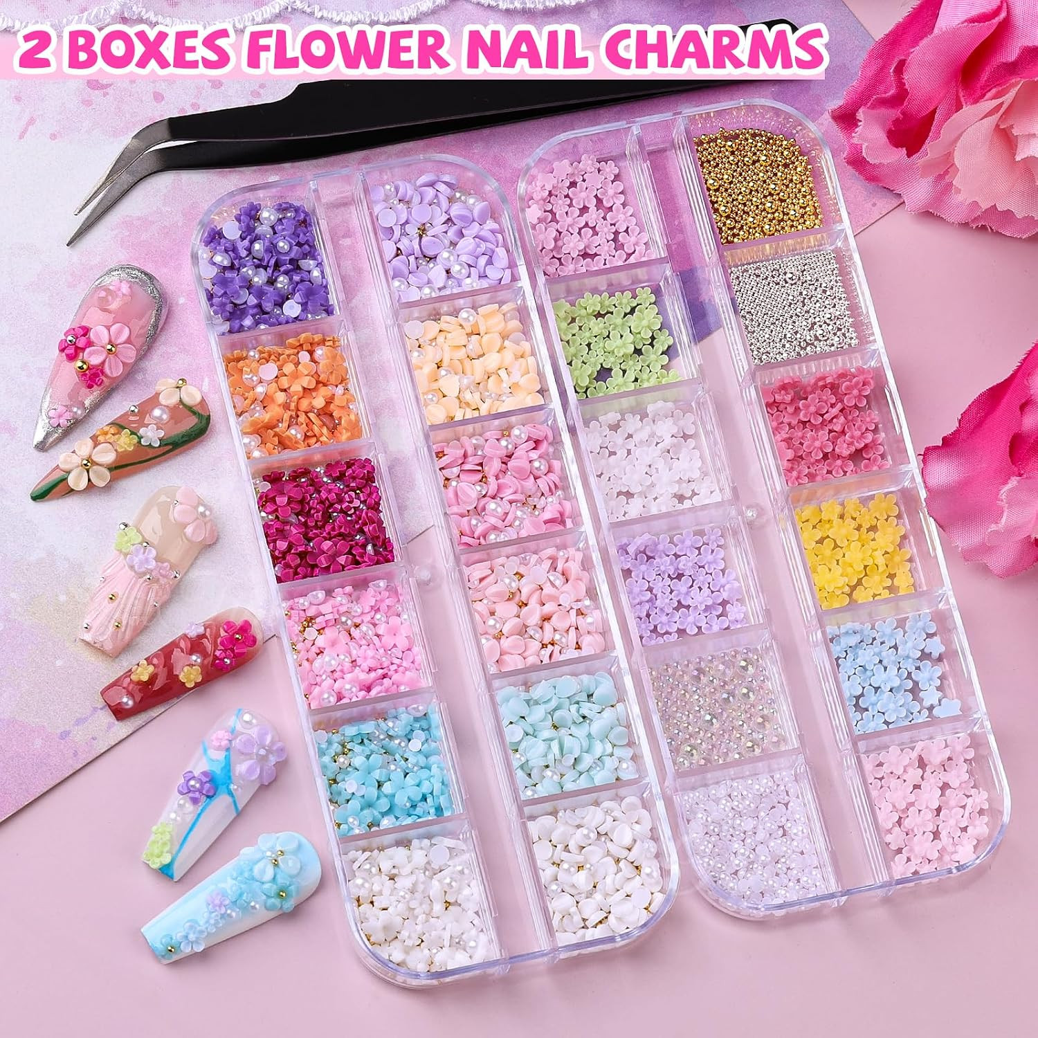 3D Flower Nail Charms, 2 Boxes 3D Flower Petals Nail Art Charms and Gems Cute Co