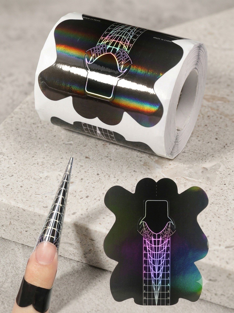 Approx 100 Pcs Holographic Black Nail Extension Forms Roll C-Curve Acrylic Gel