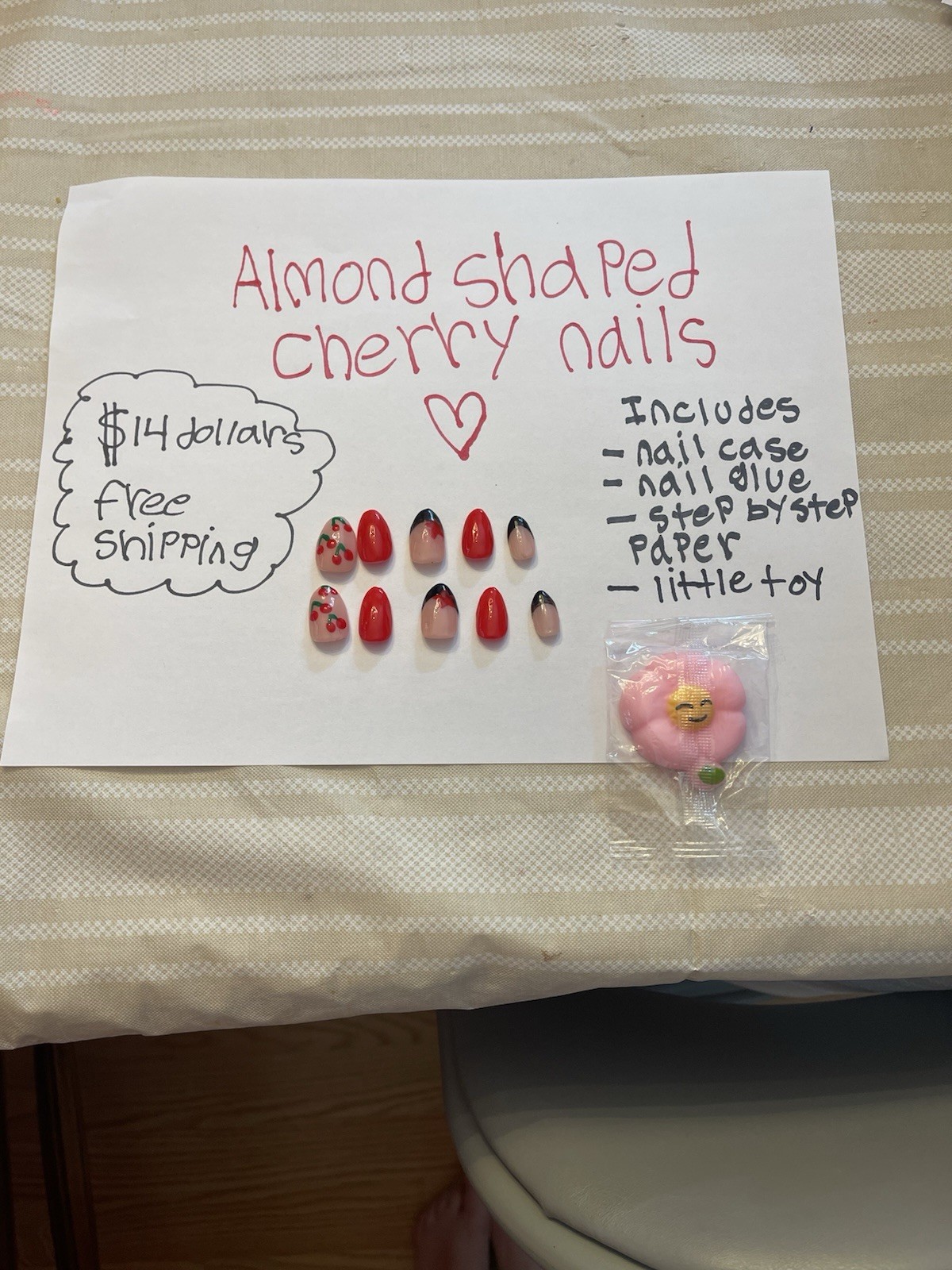 Cherry 3D Almond Press-On Nails Medium Acrylic Red/Nude, Glue Included