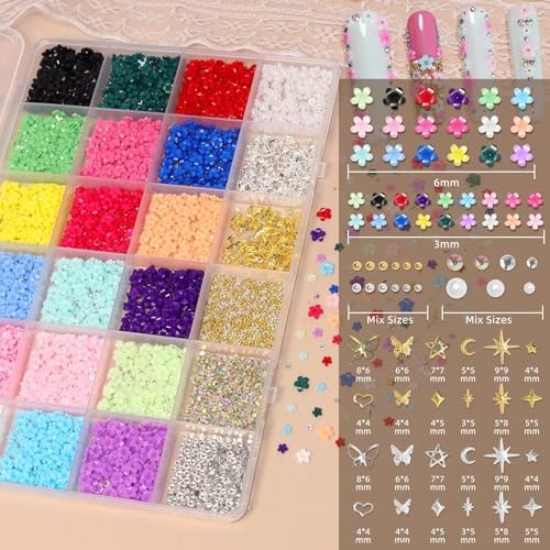 Mini Flowers Nail Charms Kit, Assorted 3D Nail Charms and Gems, Mixed S3-color