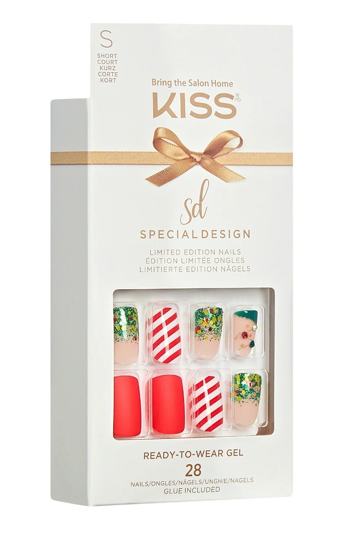Kiss Nails Sd Glue-On Short Length Christmas Nails Matte Red Glitter Faux Gems