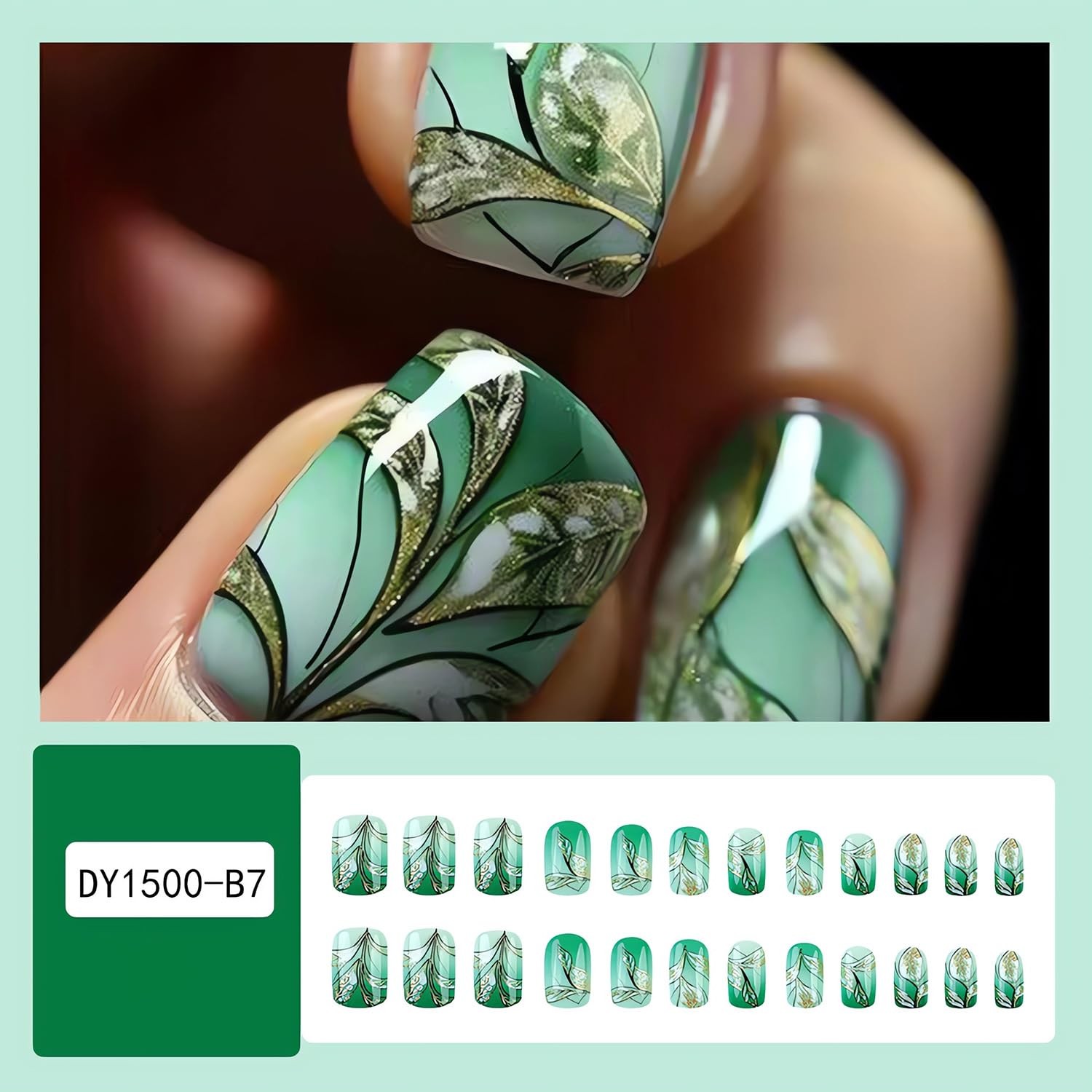 Green Flower Press on Nails Short Square Fake Nails Gradient Green Glue on Na…