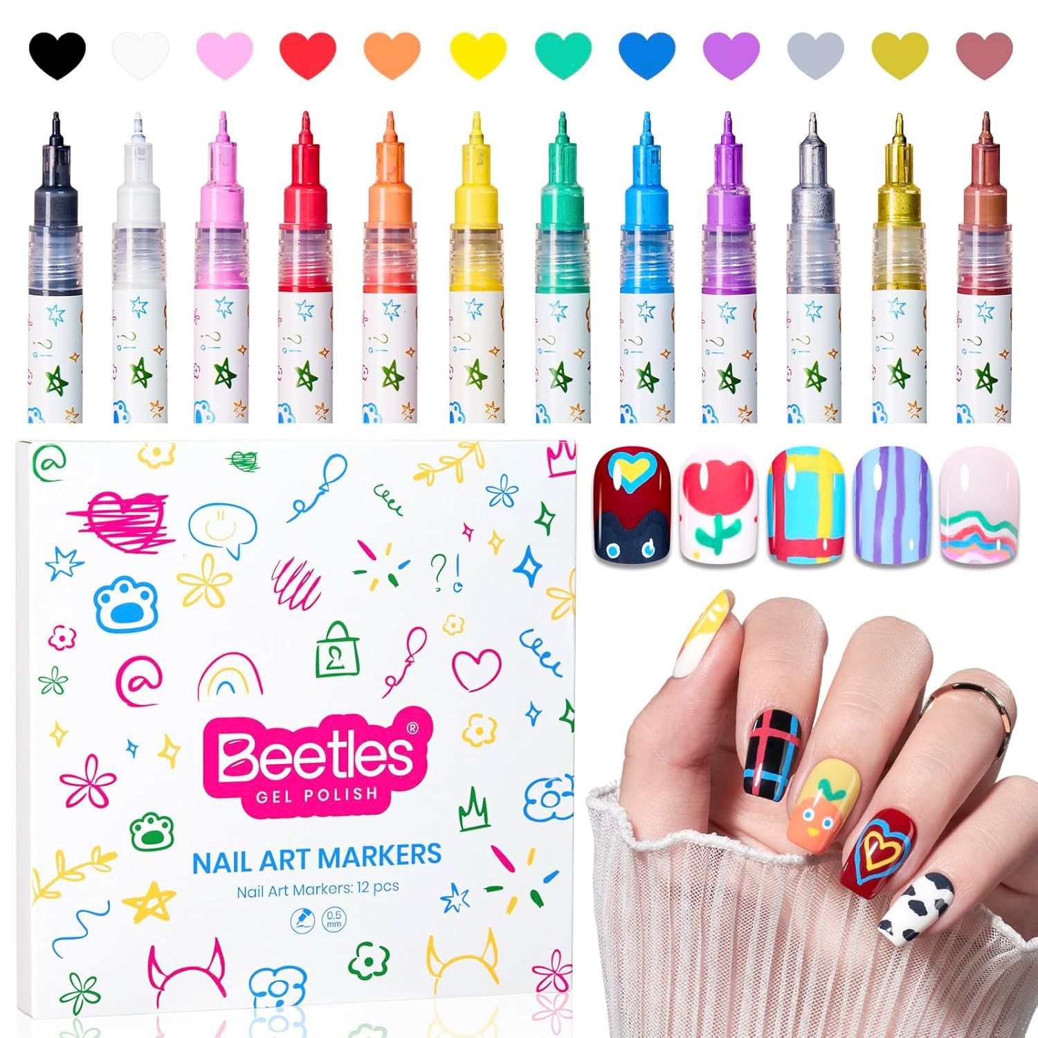 12 Colors Nail Art Pens, 0.5Mm Fine Line Nail Polish Pens for Women | Quick Air