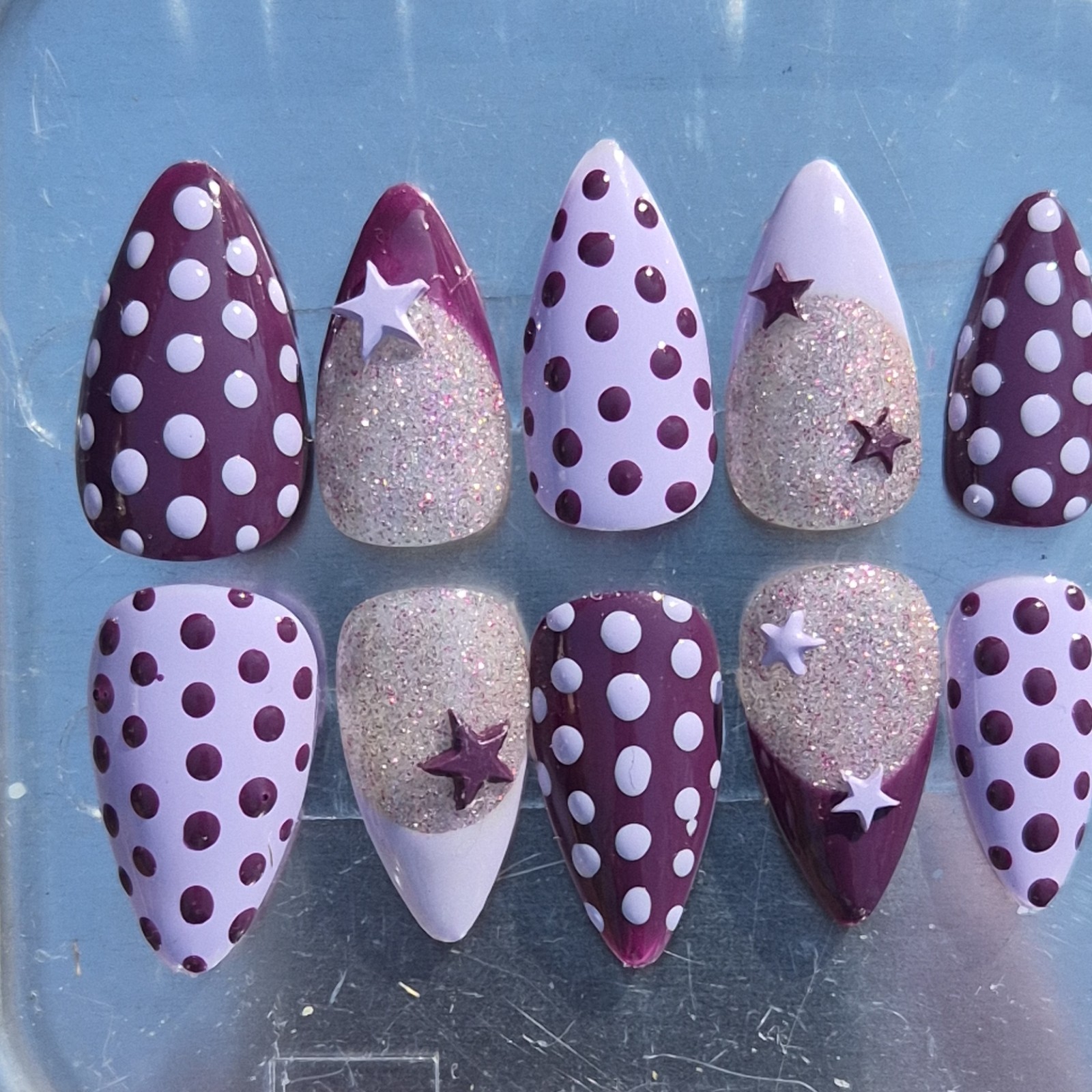 Purple White Silver Glitter Star Polka Dot Stiletto Press-On Nails Long Full Co…