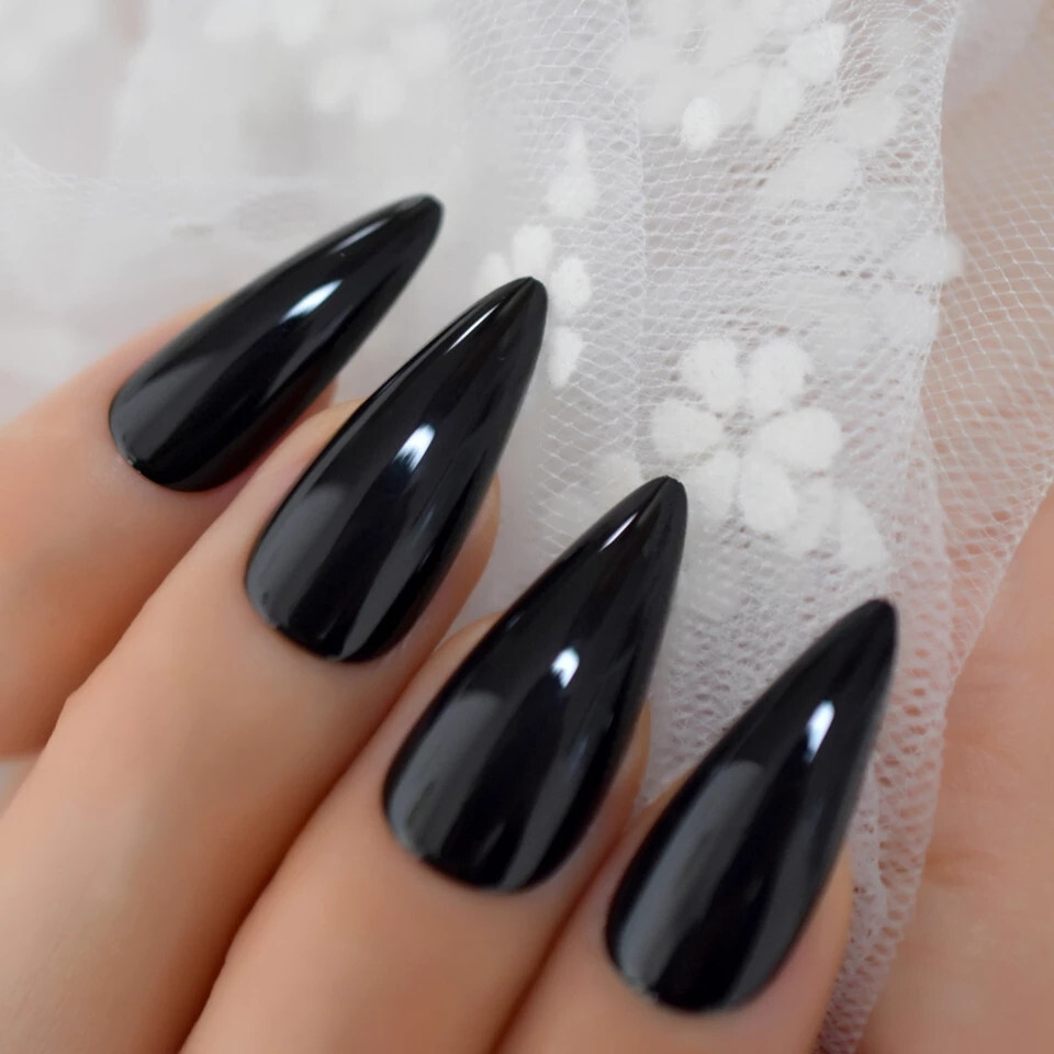 24 Press on nails kit w glue Black stiletto Long edgy goth