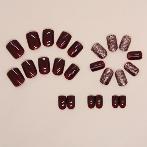 Burgundy Press on Nails Short False Nails Solid Color style14-Burgundy fall