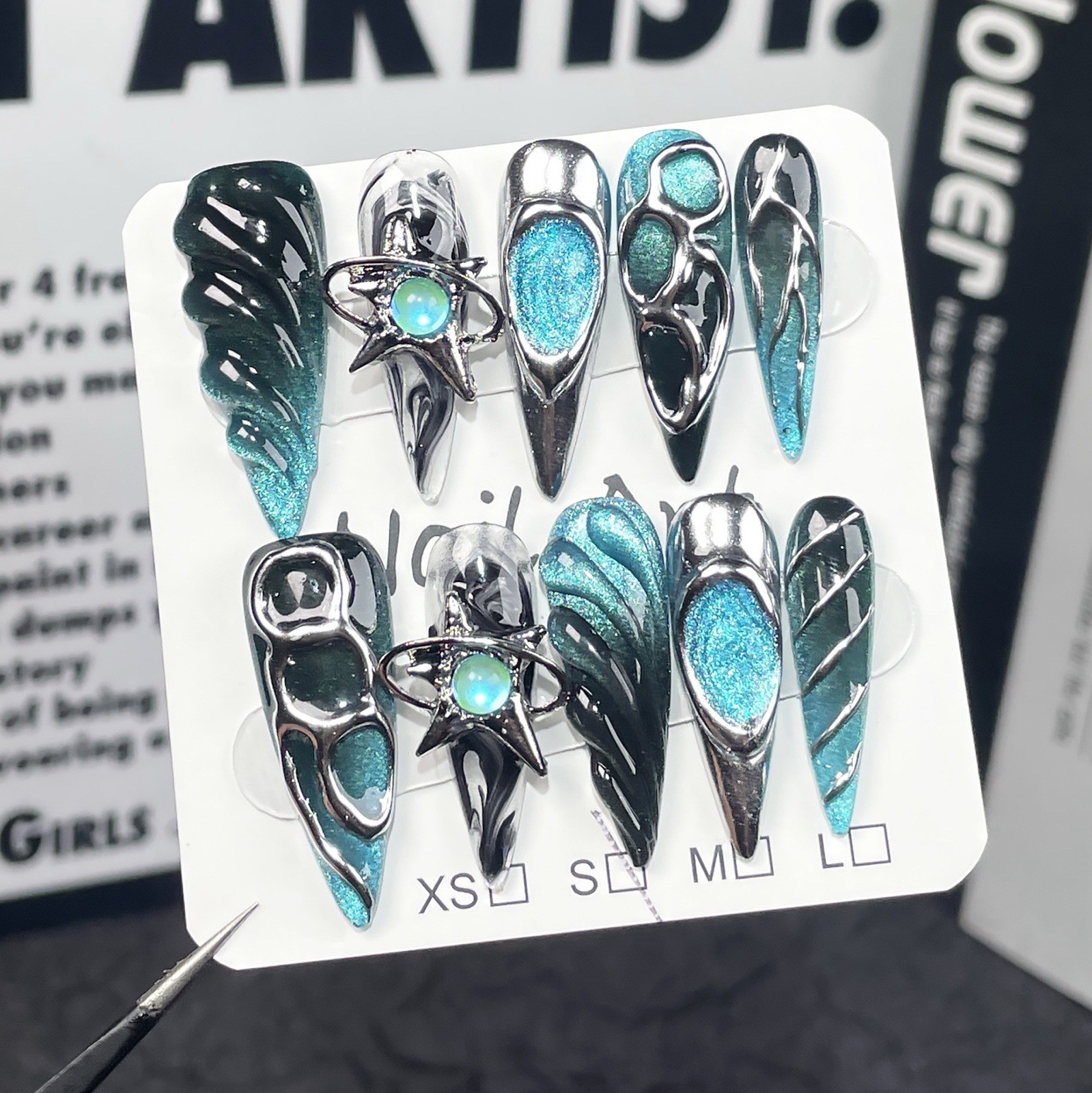 Artistic Stiletto False Nails | 3D Metal Details & Blue Sparkle | Unique Design