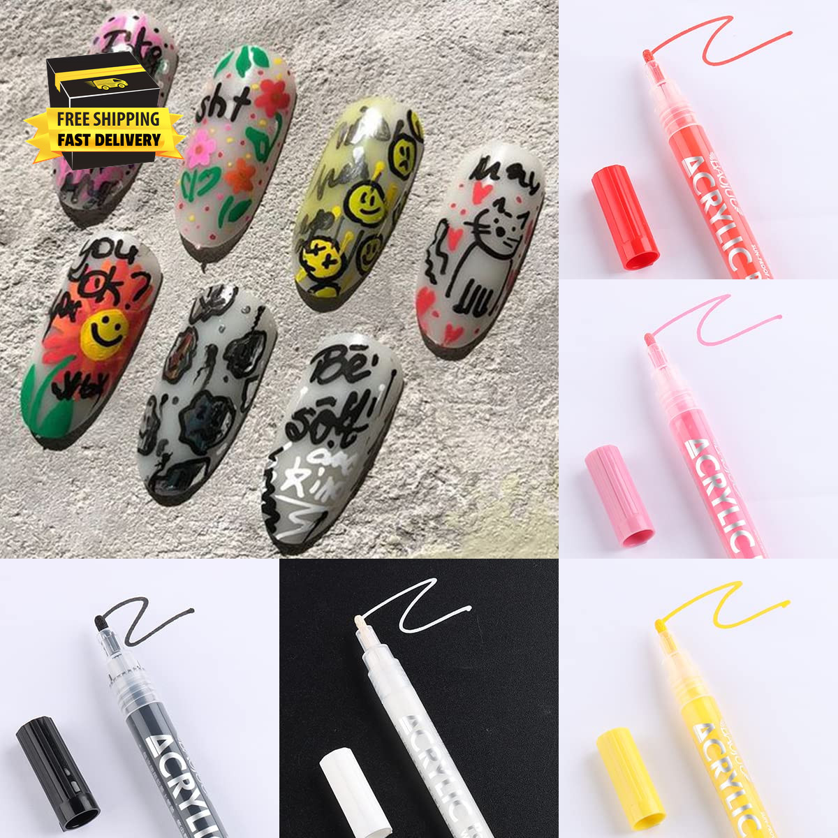 Nail Art Graffiti Pen Set 12Pcs Waterproof Drawing Markers Neon Enamels Black Wh
