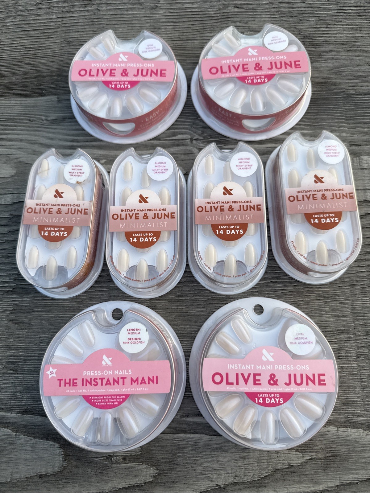 Lot of 8 Olive & June Press-On Nails Mixed Styles Minimalist Almond Medium