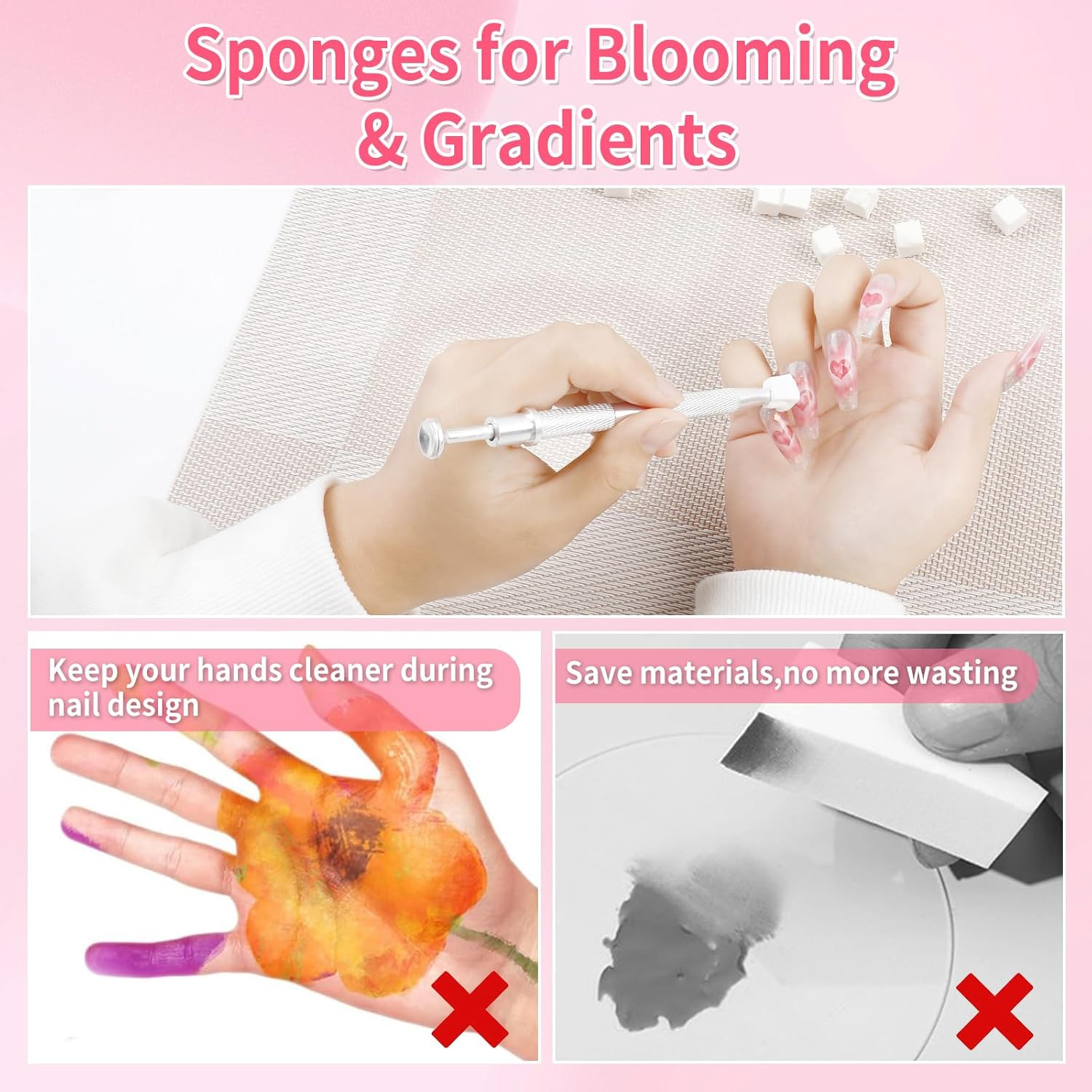 Ombre Nail Sponge Kit 100Pcs w/ Gripper Pen for Gradient Nail Art Design Silver