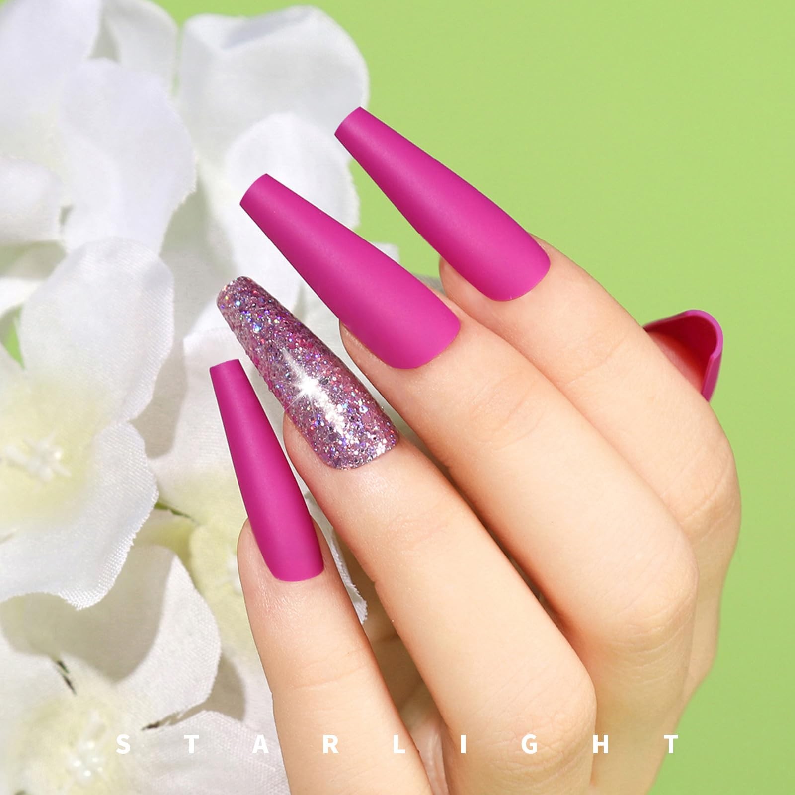 Long Fake Nails Kit – 10 Colors Matte & Glossy, 4 Glitter Press On Nails