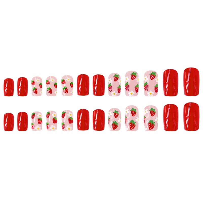 24x/Box Lovely Strawberry False Nails Short Press On Nails Full Cover Nail Tips