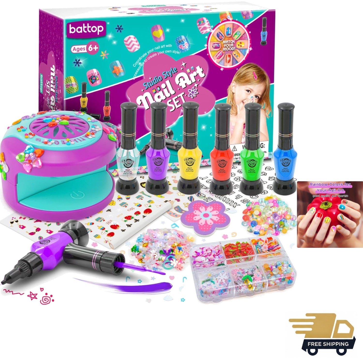 Kids Nail Art Kit for Girls Ages 7-12 with Nail Dryer & 2 in 1 Water Based Na…