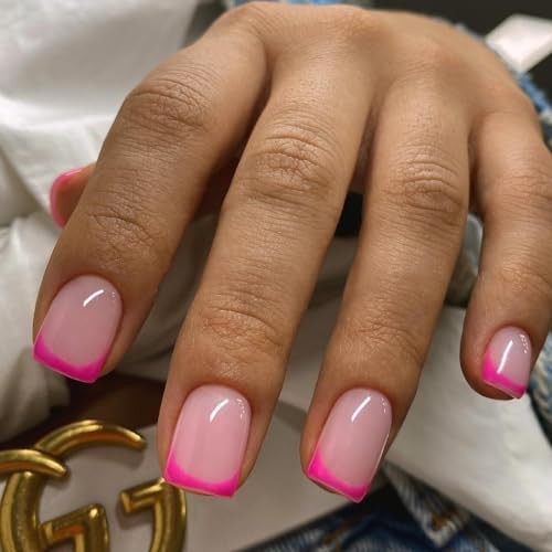 Hot Pink French Tip Press on Nails Short Square Nails french square hot pink