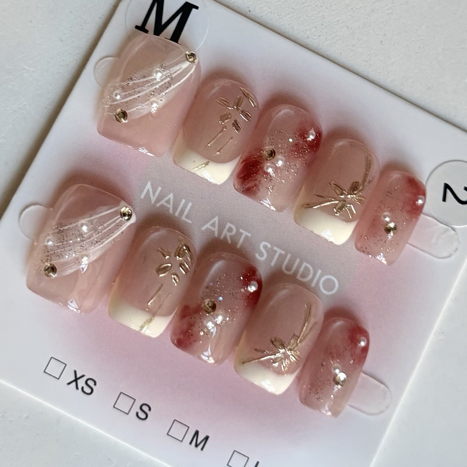 Handmade White French Tip Press-On Nails Short Square Size M Reusable Fake Nails