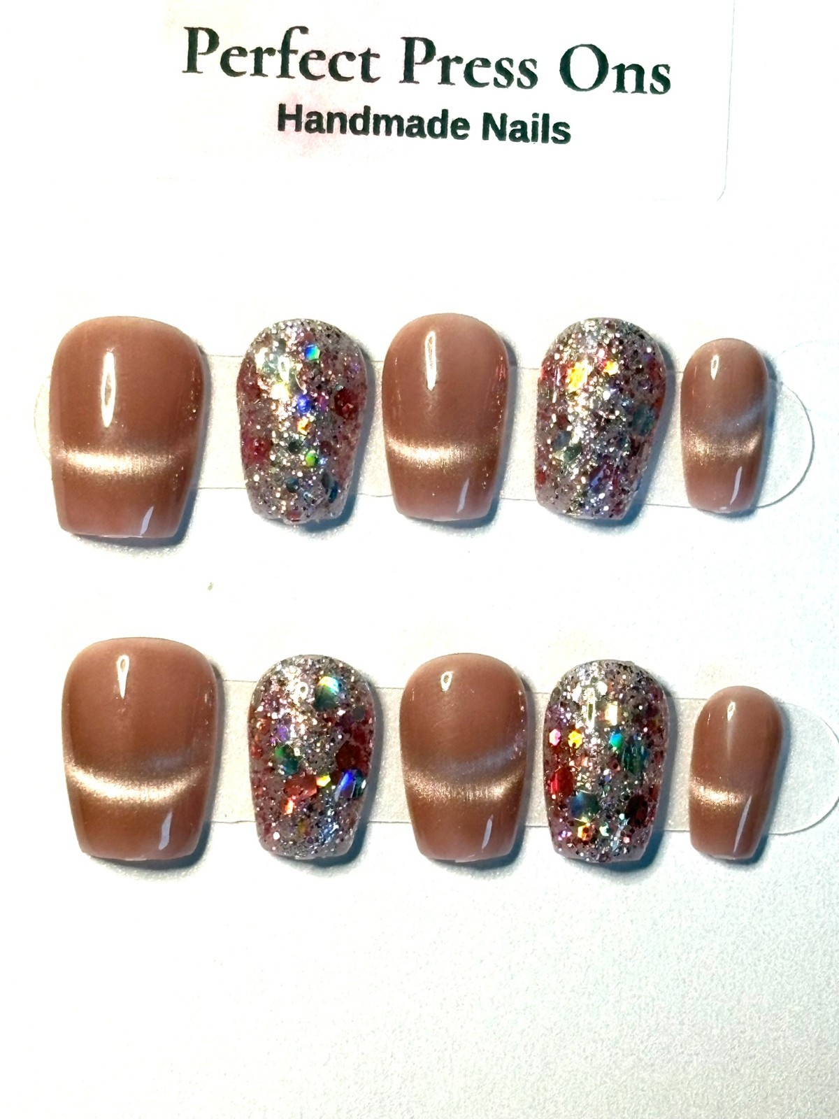 Caramel Brown Cat Eye Press On Nails Holographic Chunky Glitter Handmade X-Smal