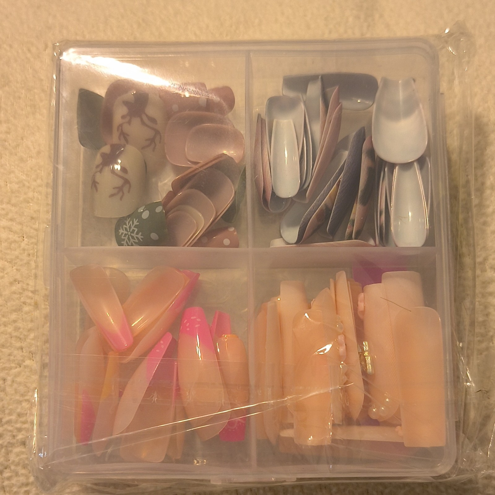 Multicolor Artificial Nail Tips Set, French 3D, Medium, Square Coffin Almond Box