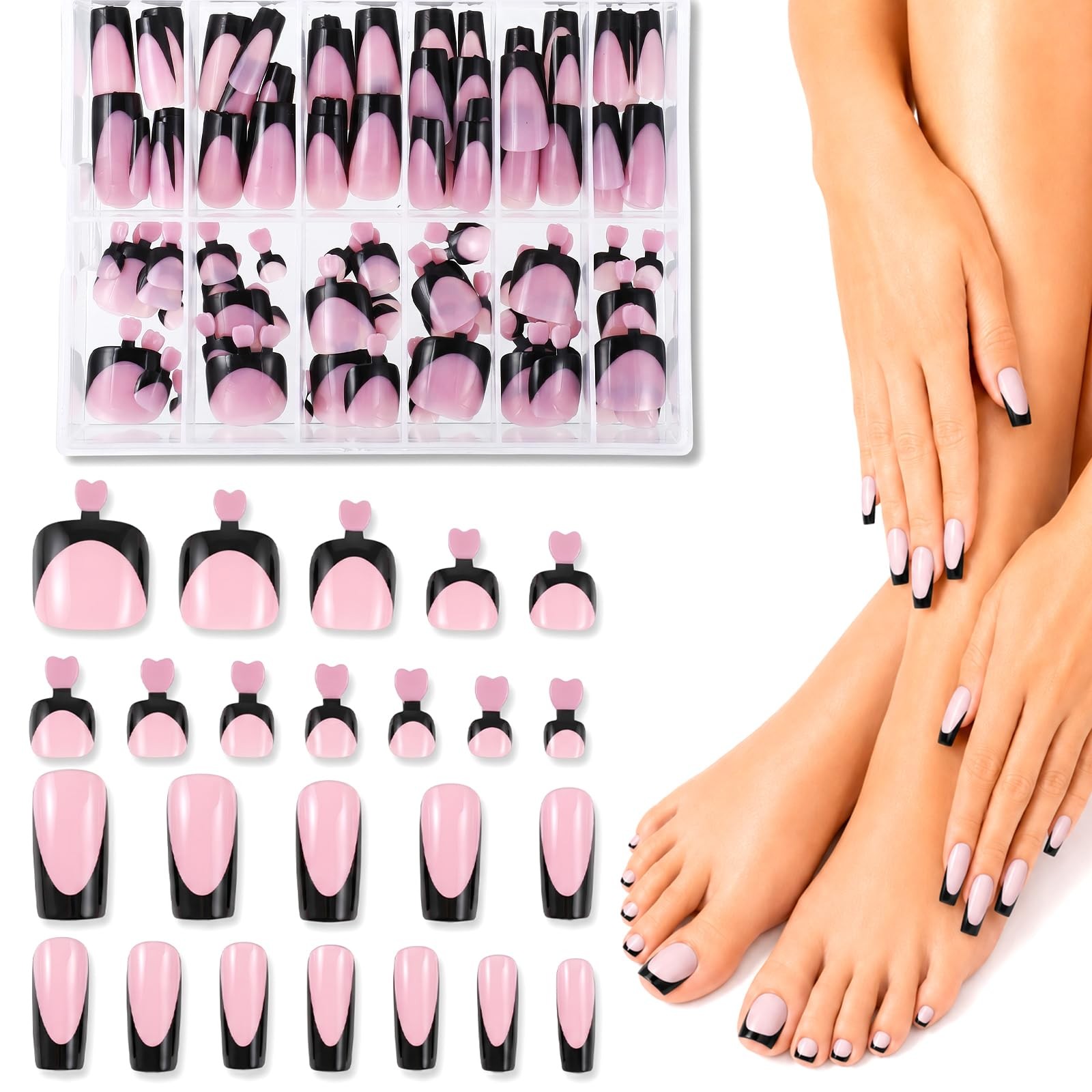 144 Pcs French Tip Press on Nails and Toenails, 12 Sizes Full Cover Square