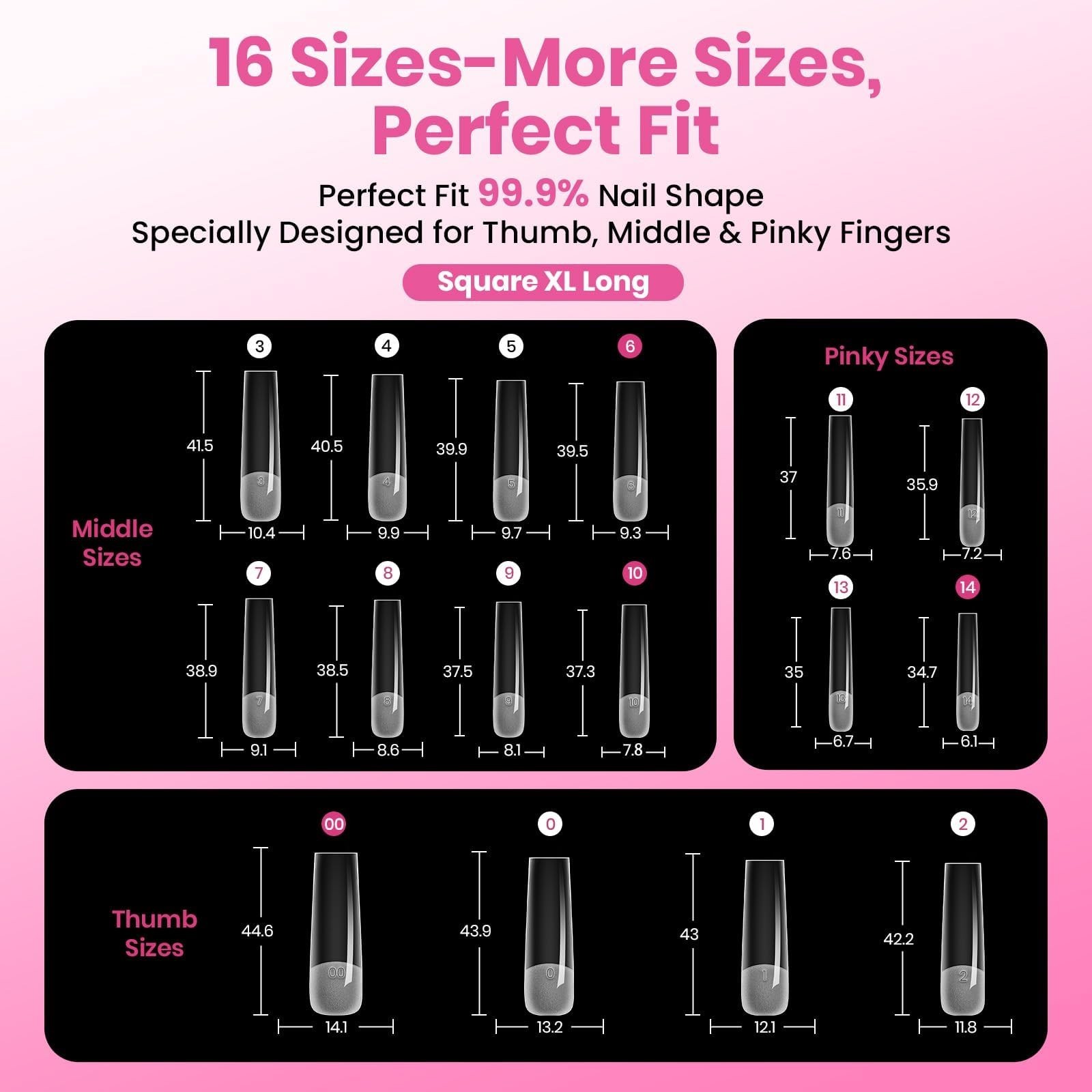 XL Square Nail Tips 160pcs, 16 Sizes (00-14) – No Builder Gel, Strong Acrylic Ex