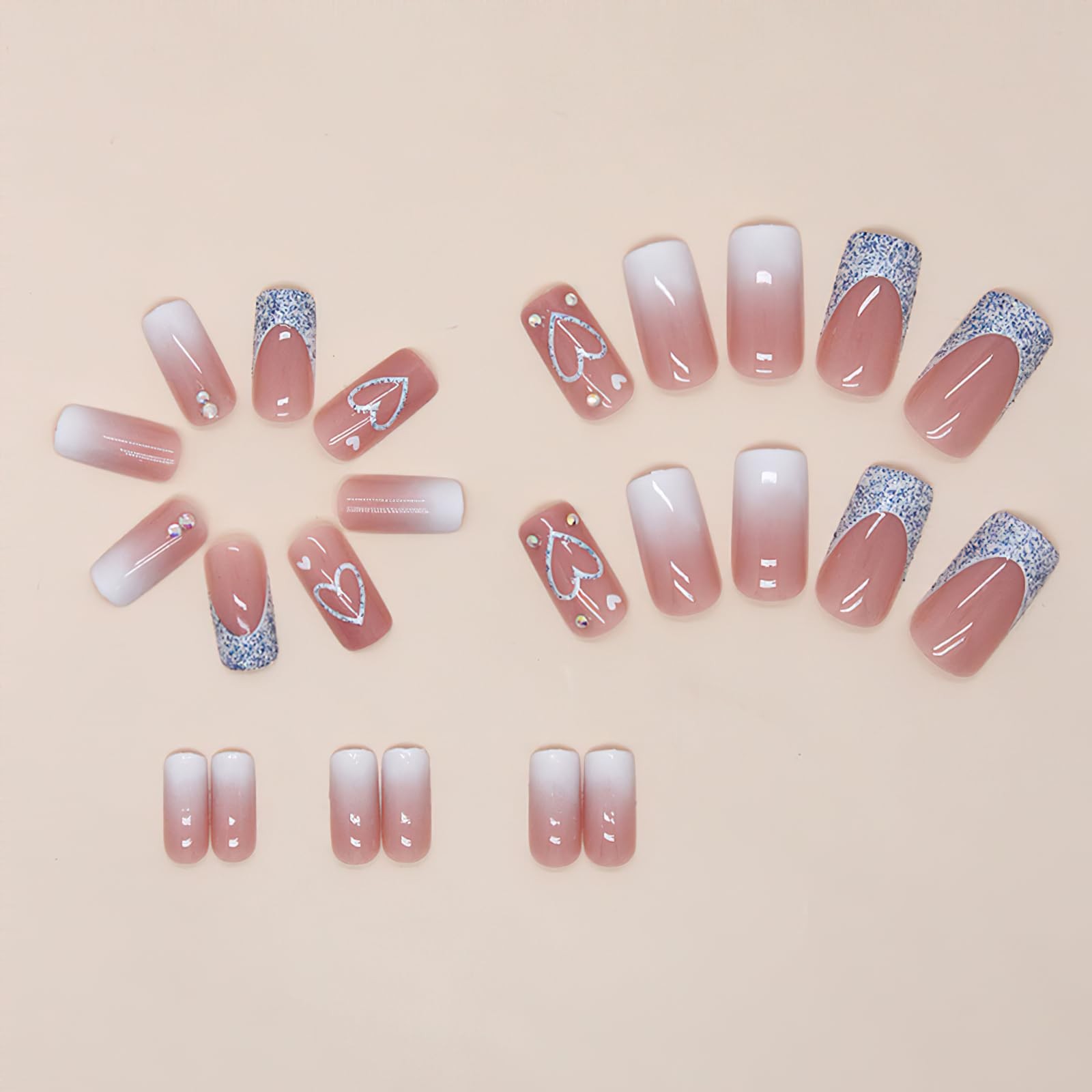 Blue Heart Press on Nails Medium Square Fake Nails Glossy Glitter French Tip