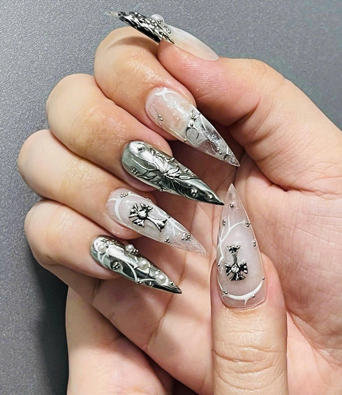 Handmade Custom Y2K Silver Metal Cross Butterfly Pearl Stiletto Press on Nails