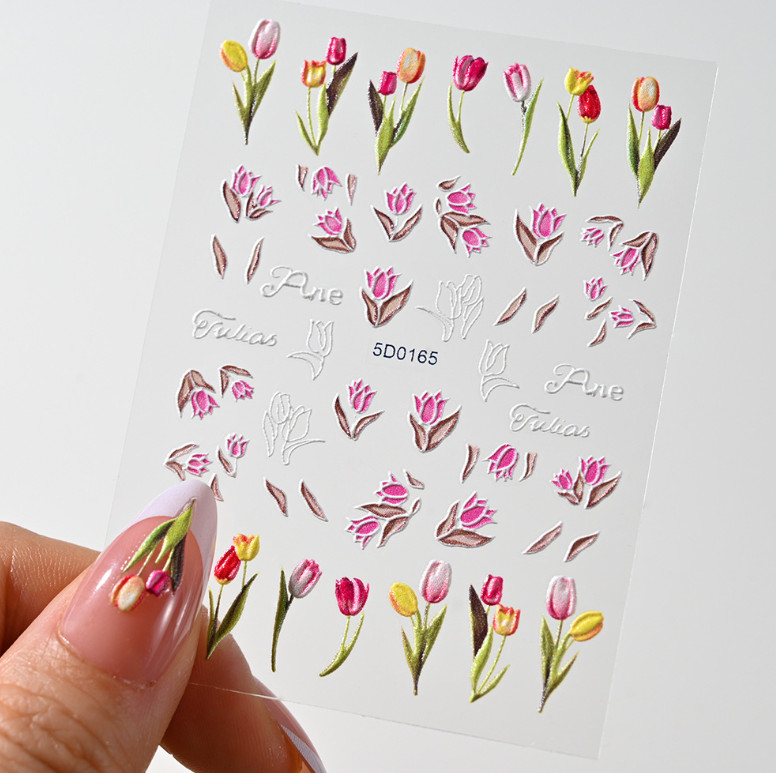 5D Embossed White Tulip Camellia Flower Leaf Nail Stickers Manicure Slider NS53