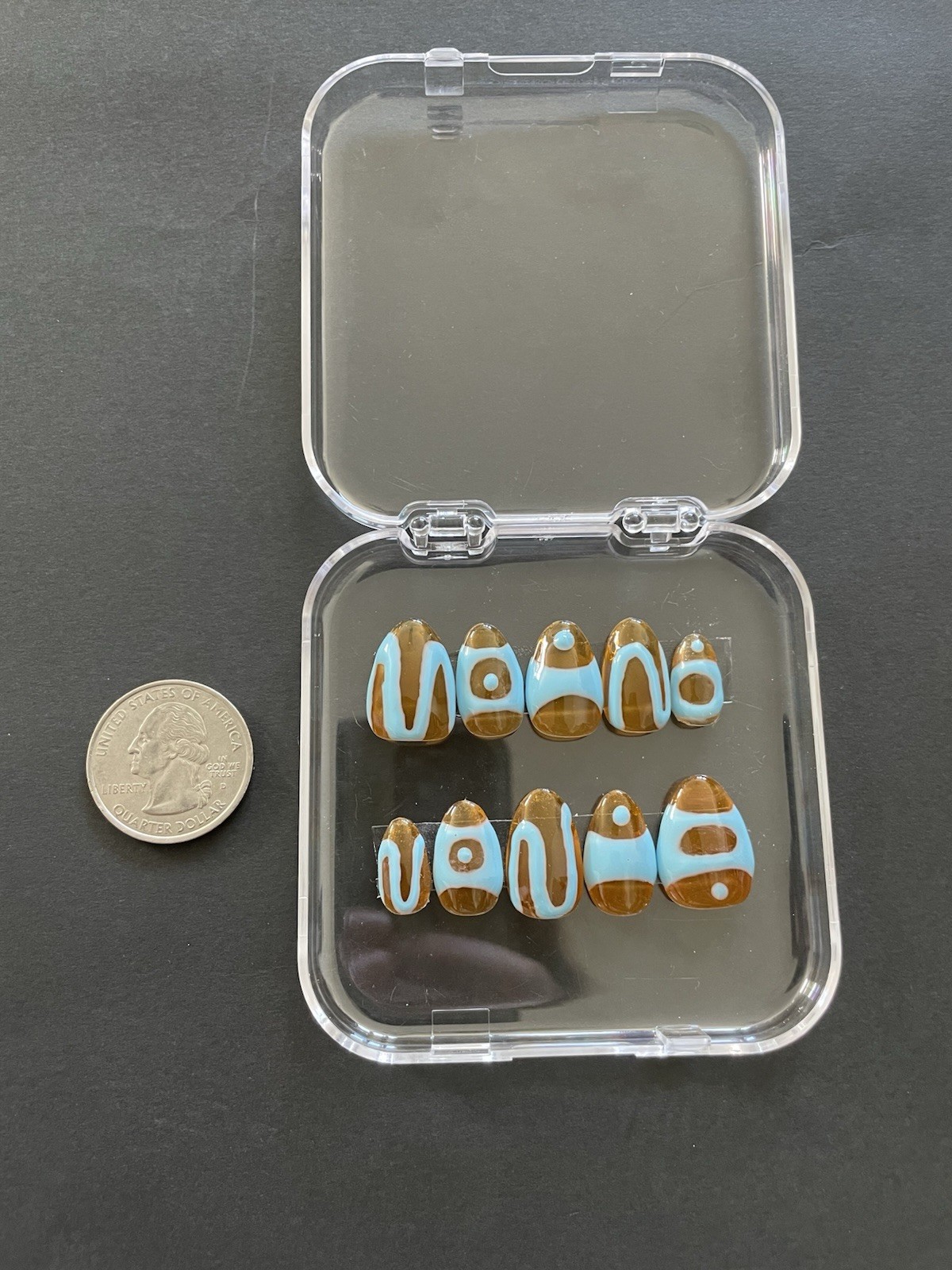 Homemade Press-On-Clear Orange With Blue Abstract Art Almond Nail Set