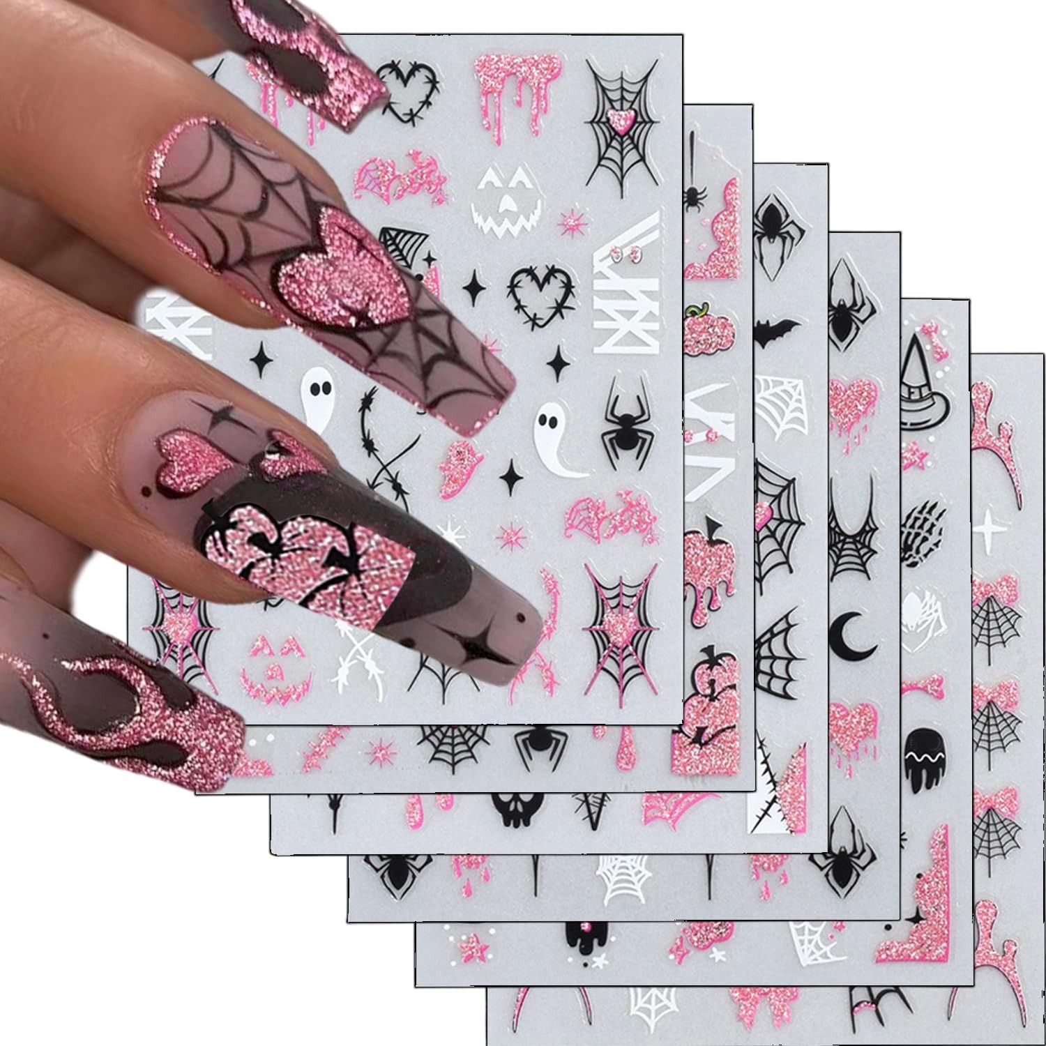 6 Sheets Halloween Nail Art Stickers Decals Pink Glitter Spider Blood Pumpkin…