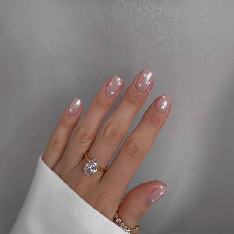 48 Pieces of Short Square Nail, Bare and Transparent Heart-shaped Nail Art