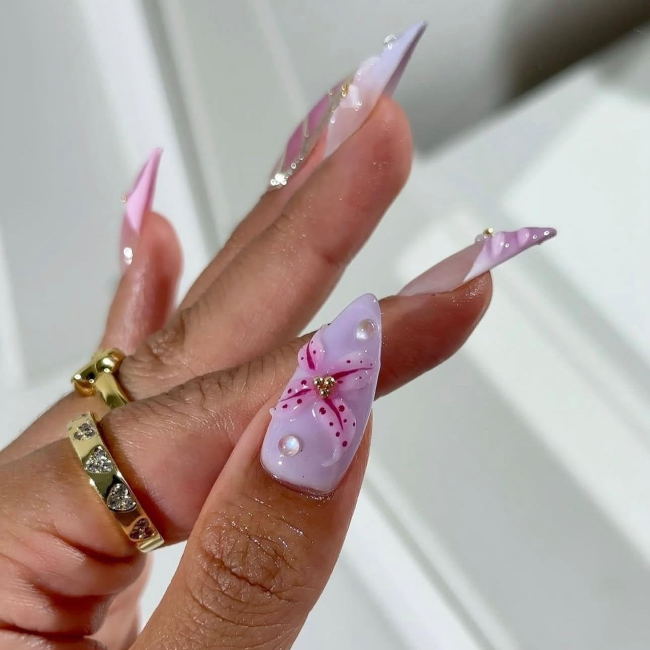 Purple Pink Press on Nails Almond – Medium 3D Embossed Flower Fake Nails with Pe
