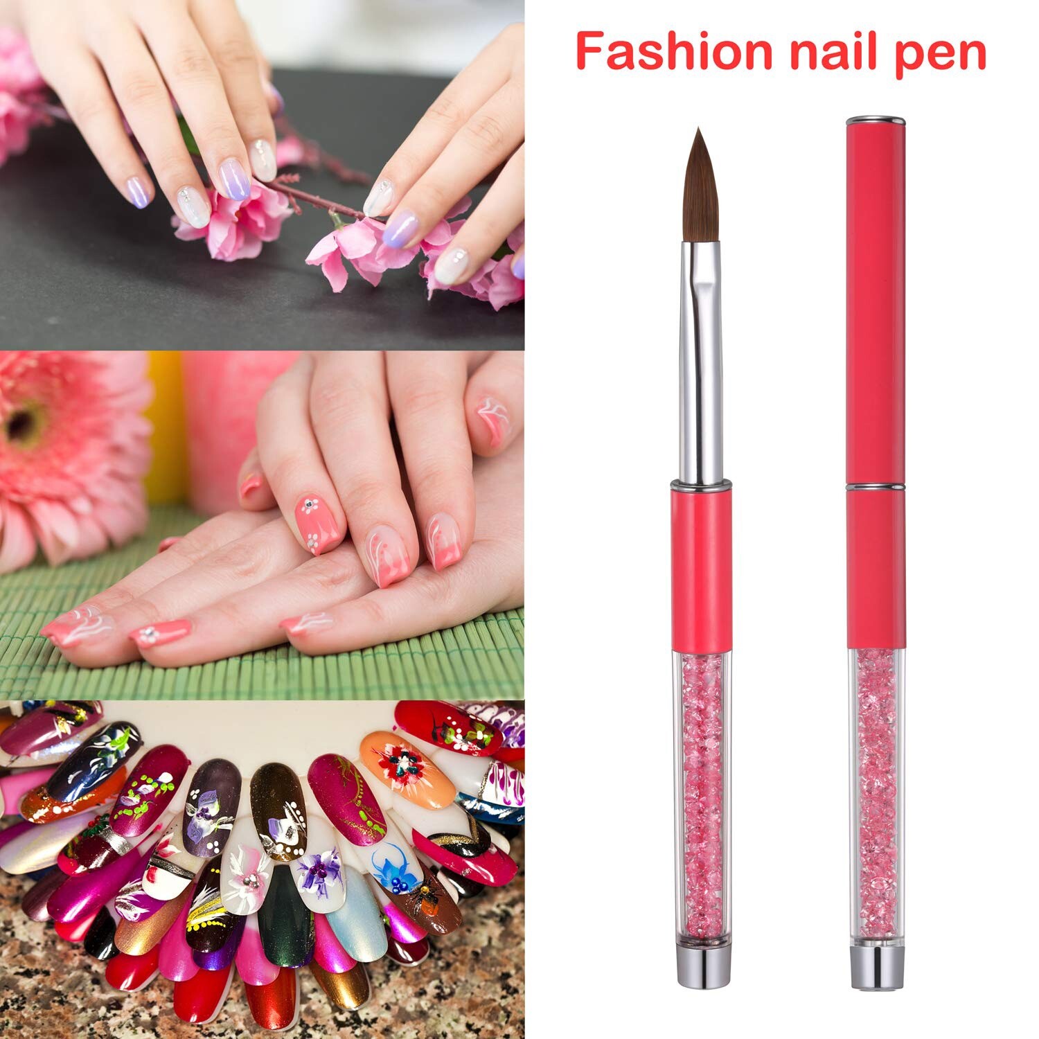 1Pc Acrylic Nail Art Brush Pink Rhinestone Handle Konlinsky Sable Hair #10
