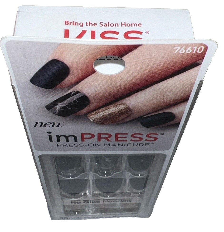Kiss Nails Impress Press On Manicure #76610 Yeah Boy (Black Marble Gold Glitter)