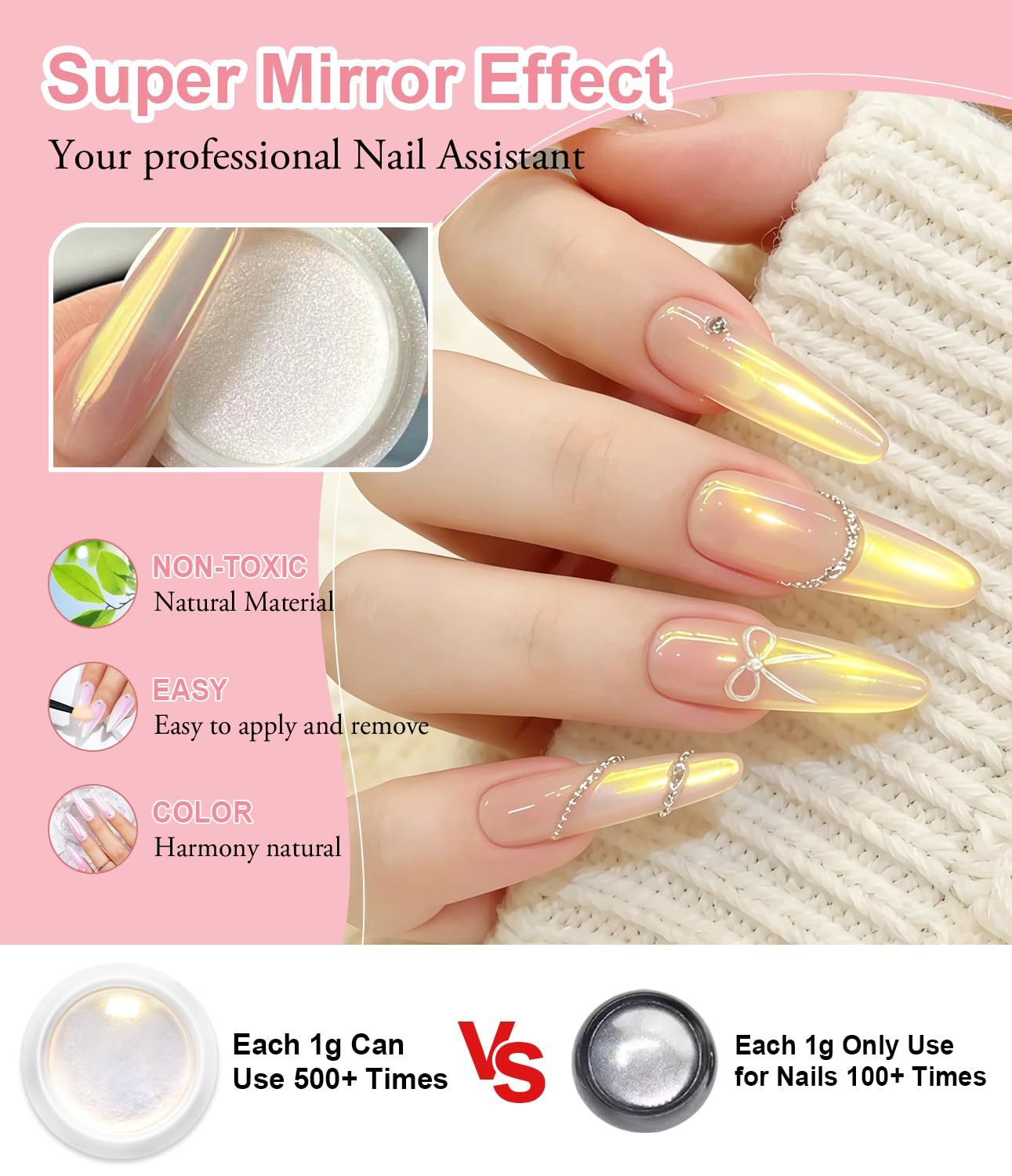 Ultra-Fine Chrome Nail Powder Set – 6 Vibrant Jars for Stunning Nail Designs