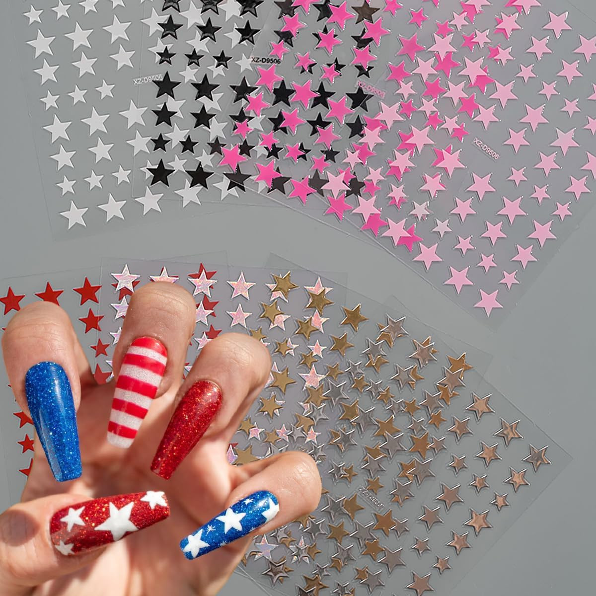 8 Sheets Star Nail Art Stickers Self-Adhesive 4Th of July Nail Decals Red White