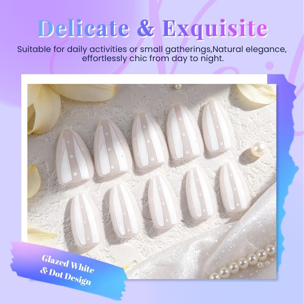 evpct Short Almond Glazed White Dot Press on Nails