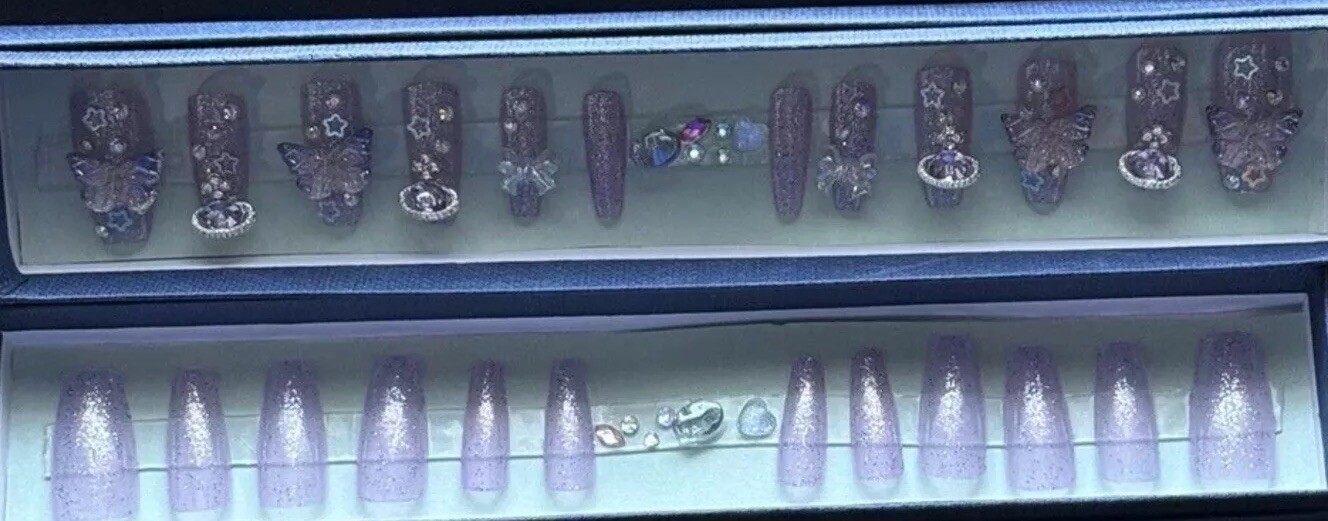 Handmade Gel Press On Nails, Purple Glitter Butterfly Includes Free Gifts❣️