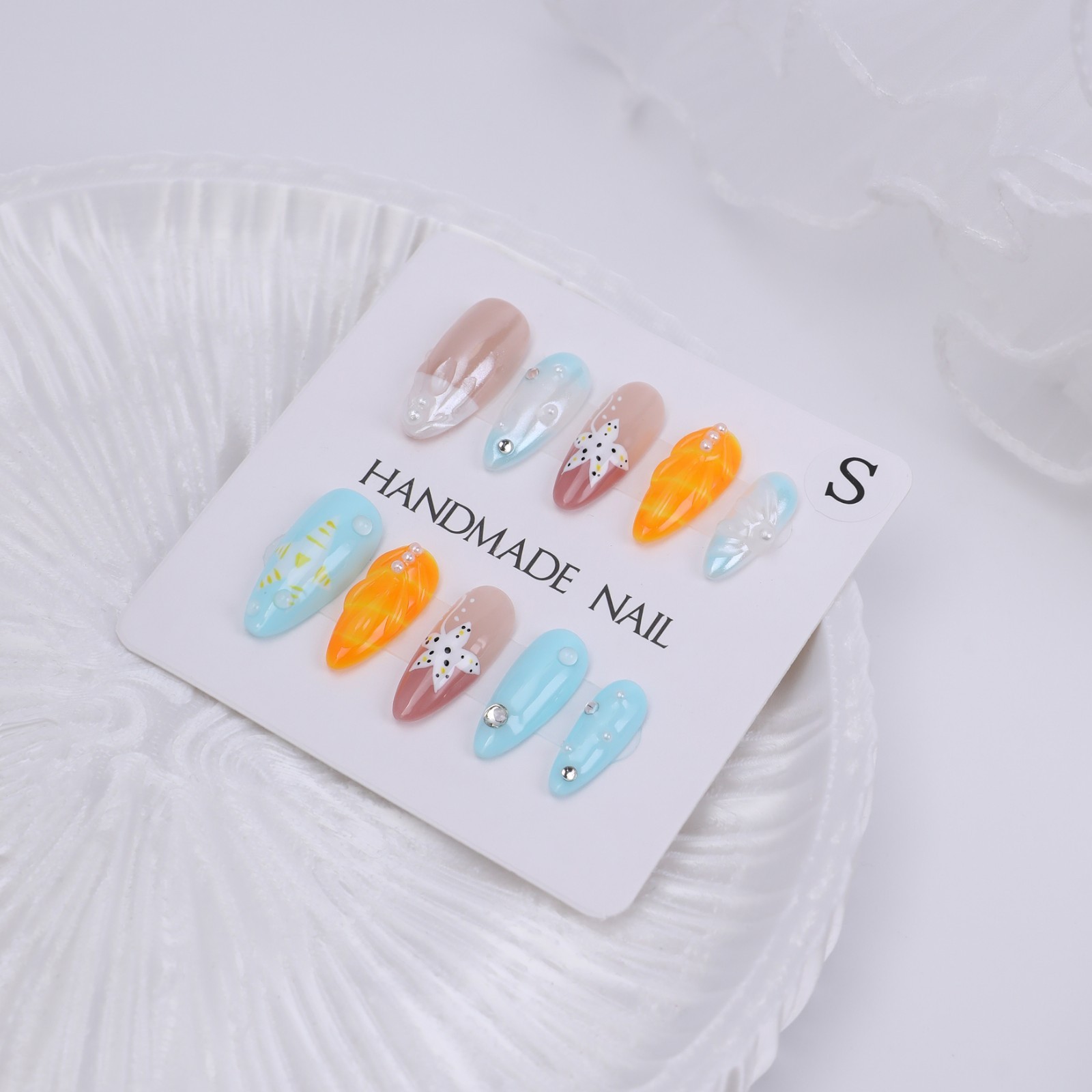 Press On Nails Medium Almond Blue Orange 3D Floral Pearl Summer Beach Nail Set